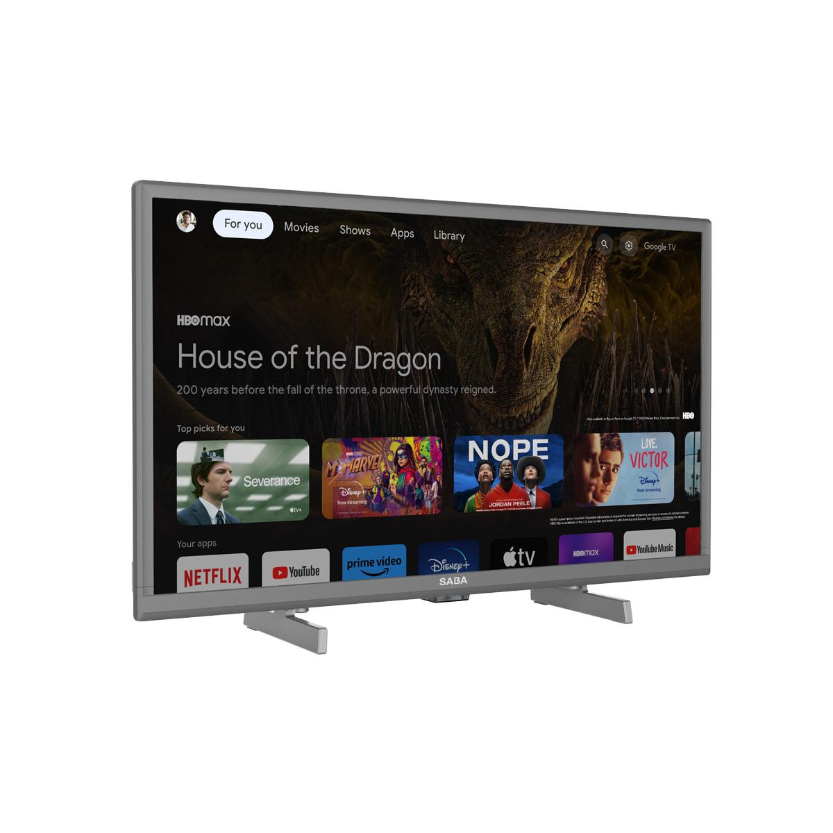 Una TV moderna mostra la schermata principale di Google TV con House of the Dragon.