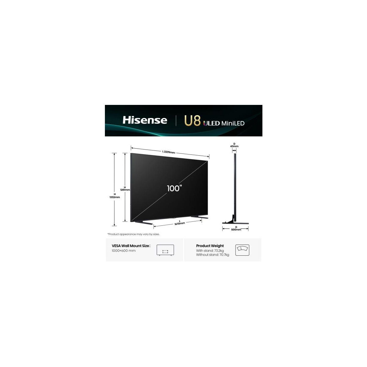 Hisense U8 100" ULED MiniLED TV dimensiones: L2239mm, H1332mm, D43/500mm. Peso: 73.2/70.7kg.