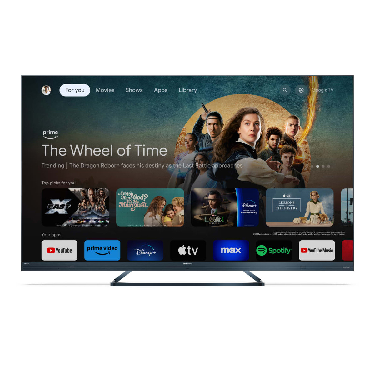 Google TV-Oberfläche mit 'The Wheel of Time' und App-Symbolen.