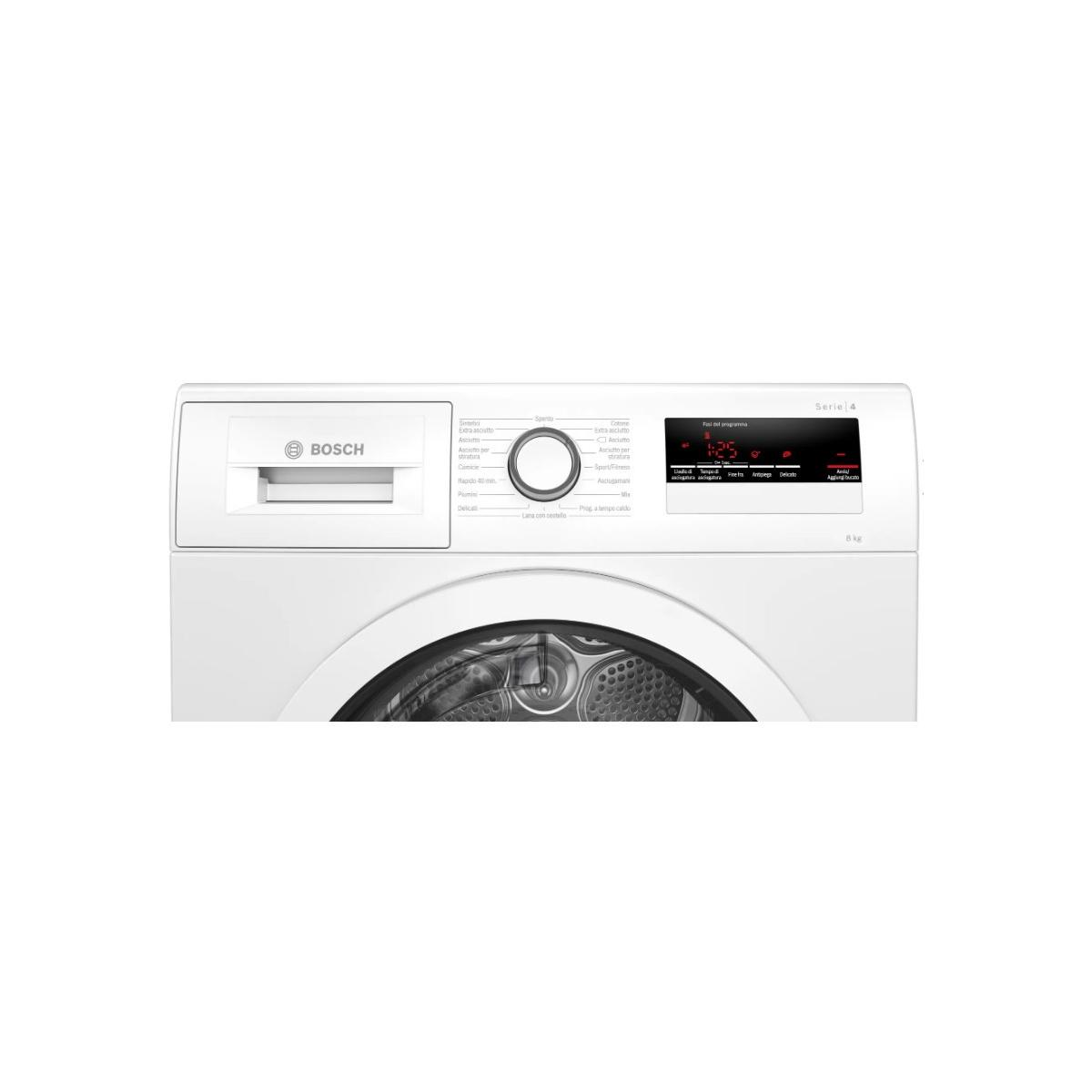 Porta asciugatrice Bosch bianca con display e selezione programmi.