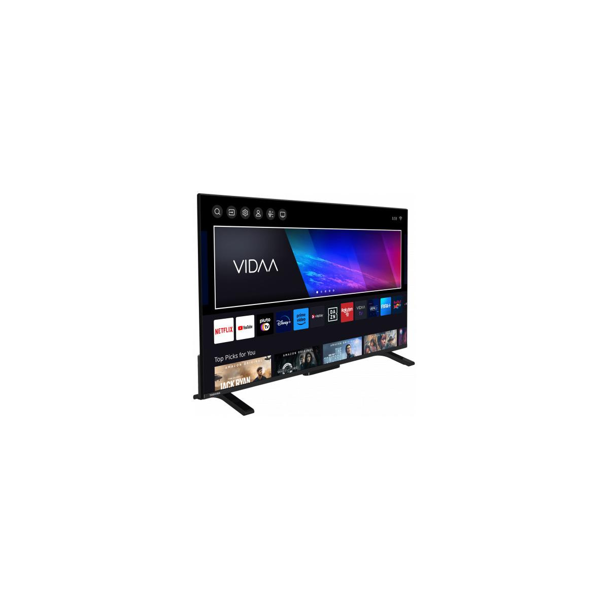 Ein schwarzer Smart-TV mitVIDAA-Logo und Streaming-Apps wie Netflix und Prime.