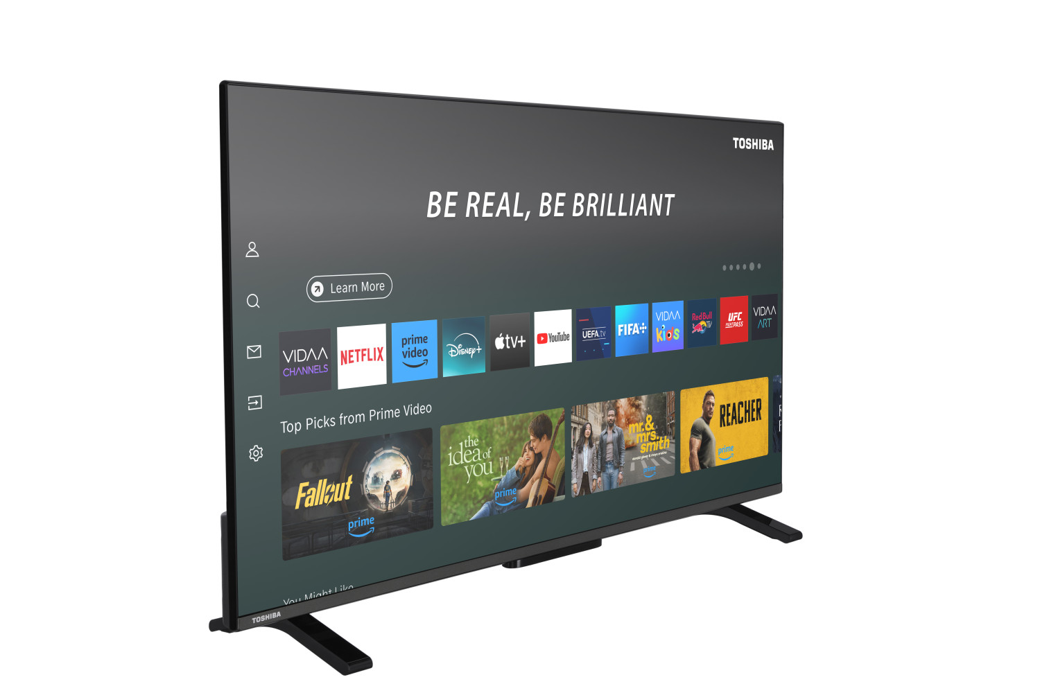 Una Smart TV Toshiba mostra un'interfaccia con icone di app e titoli di film.