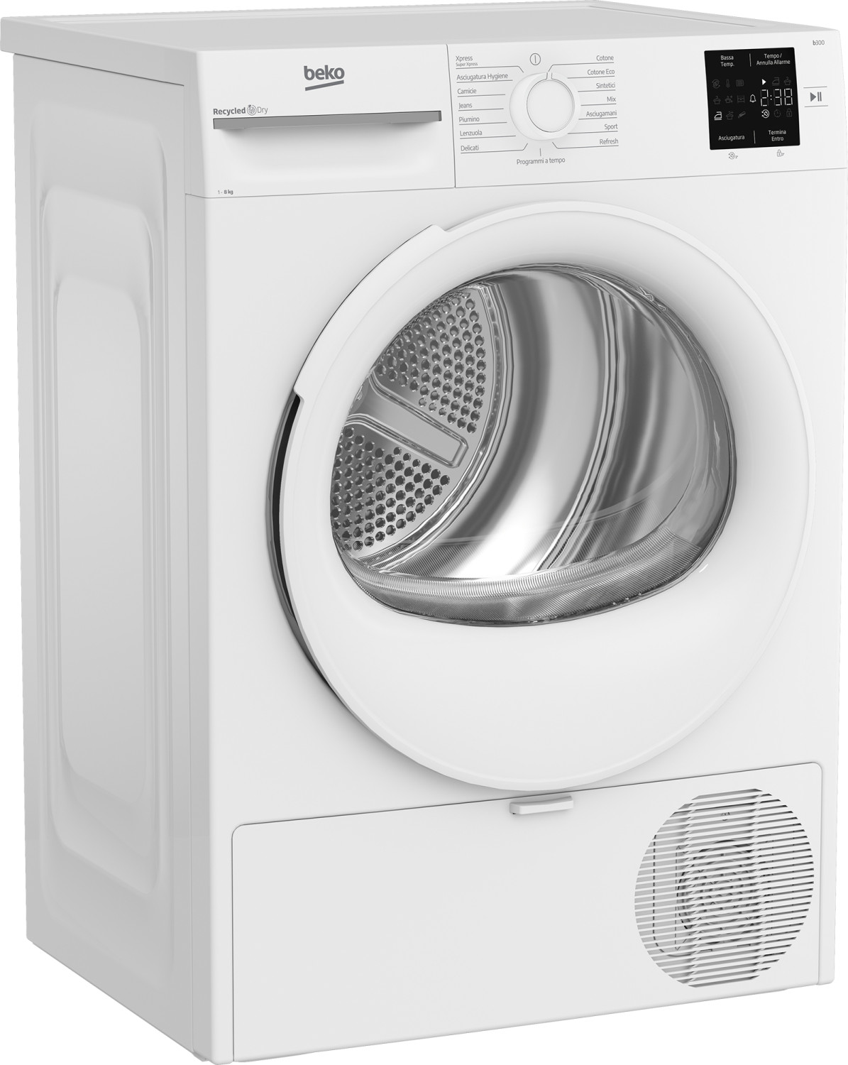 Un'asciugatrice Beko bianca con display digitale e porta rotonda.