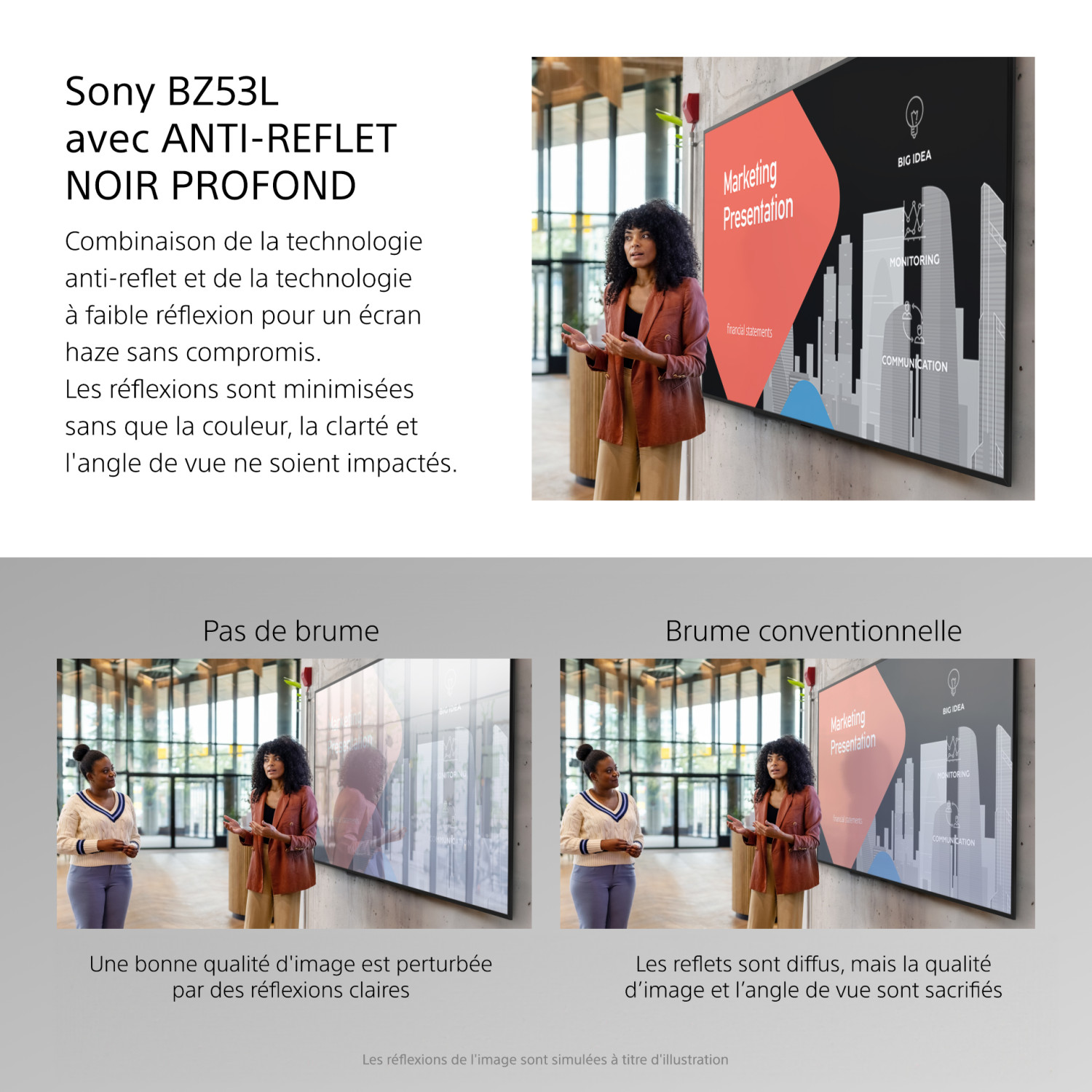 Frau präsentiert Marketing-Folien auf einem Sony-Bildschirm mit und ohne Spiegelungen.