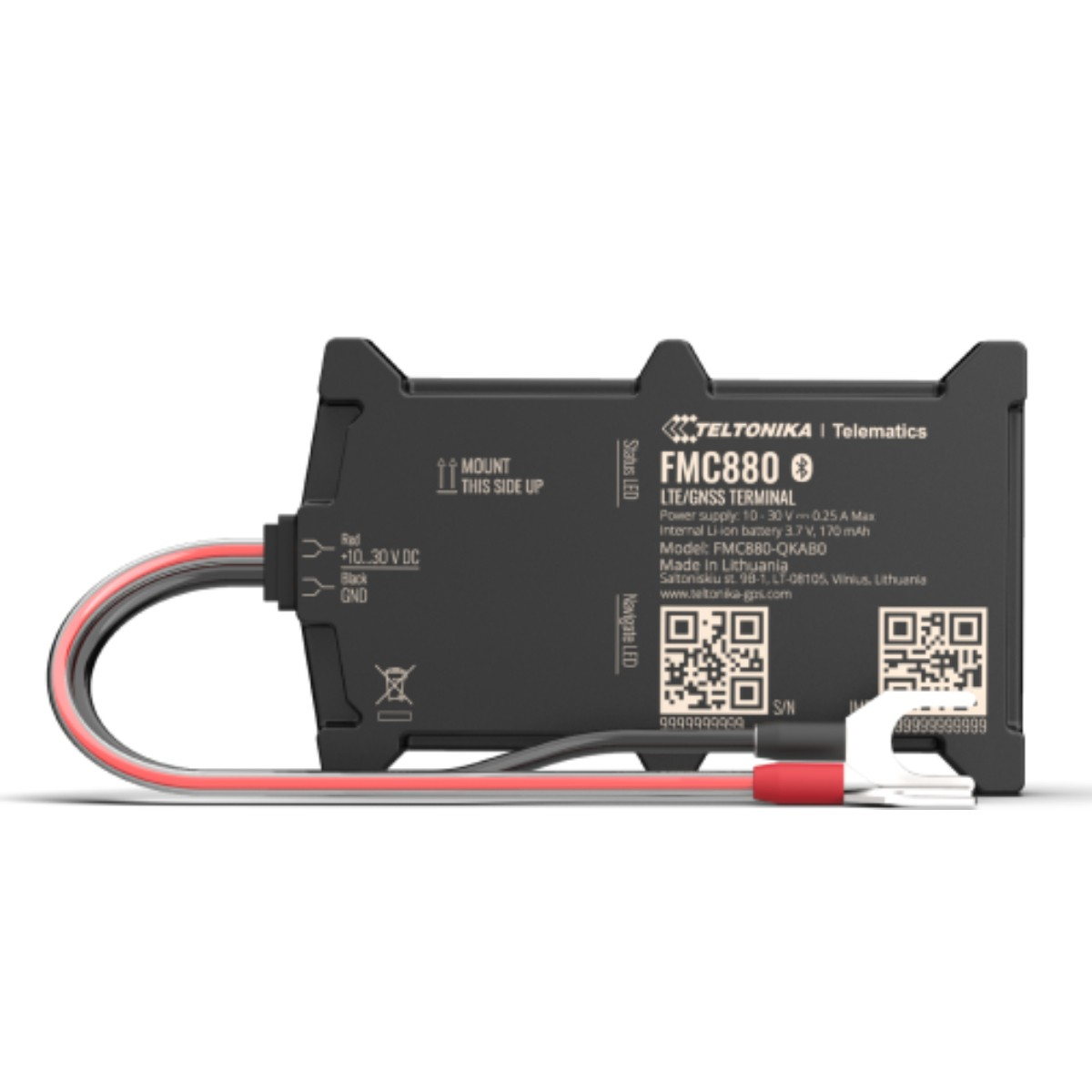 Terminale LTE/GNSS nero con cavi rosso e nero, etichettato 'Mount This Side Up'.