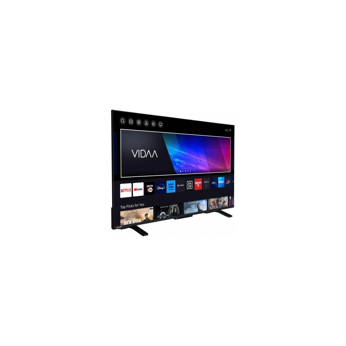 Una moderna TV nera che mostra la schermata principale VIDAA con icone.