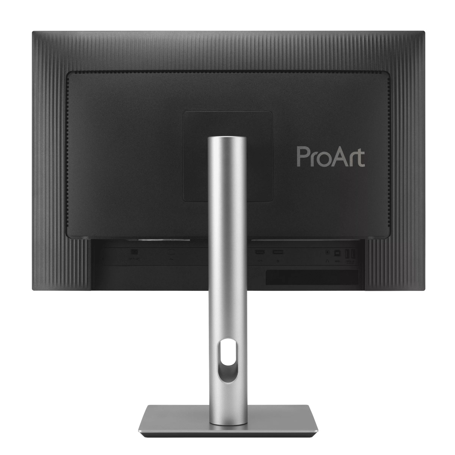 Back view of a black ProArt monitor with a silver stand and ports.