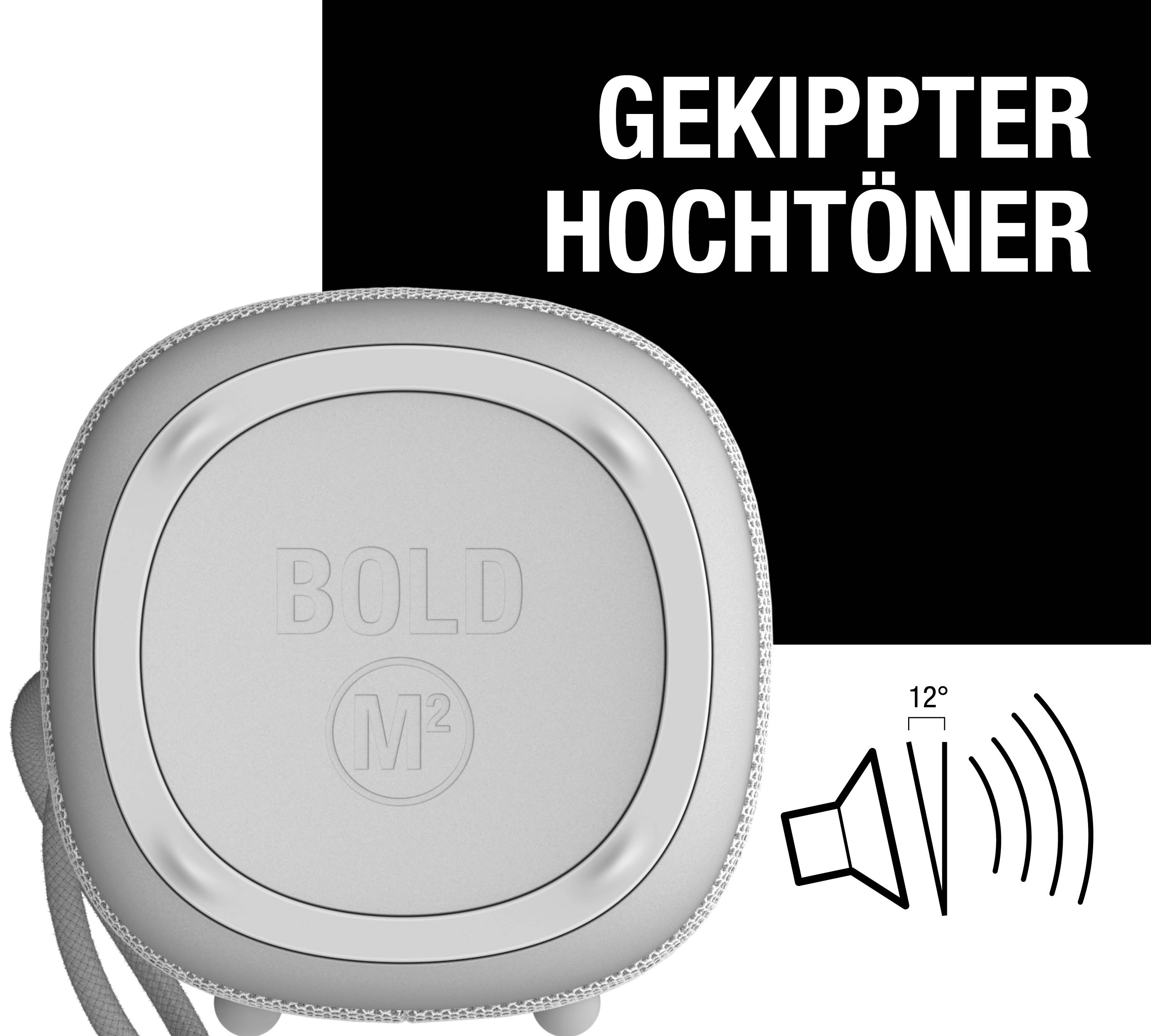 Grauer Lautsprecher mit Text "BOLD M²" und 12° Winkel-Symbol.