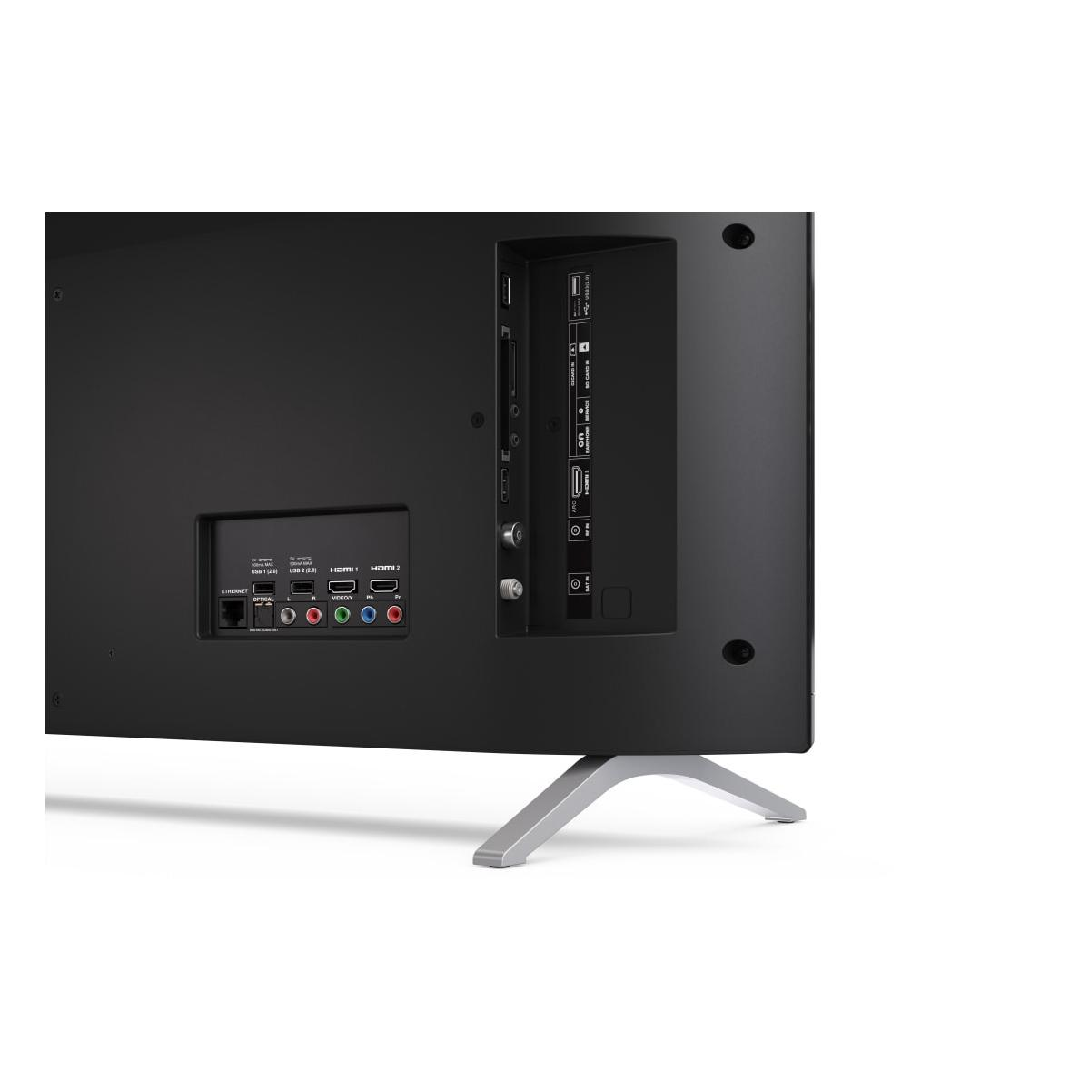 Vista posteriore di una TV che mostra le porte: Ethernet, USB, ottico, Video, PS/2 e HDMI.