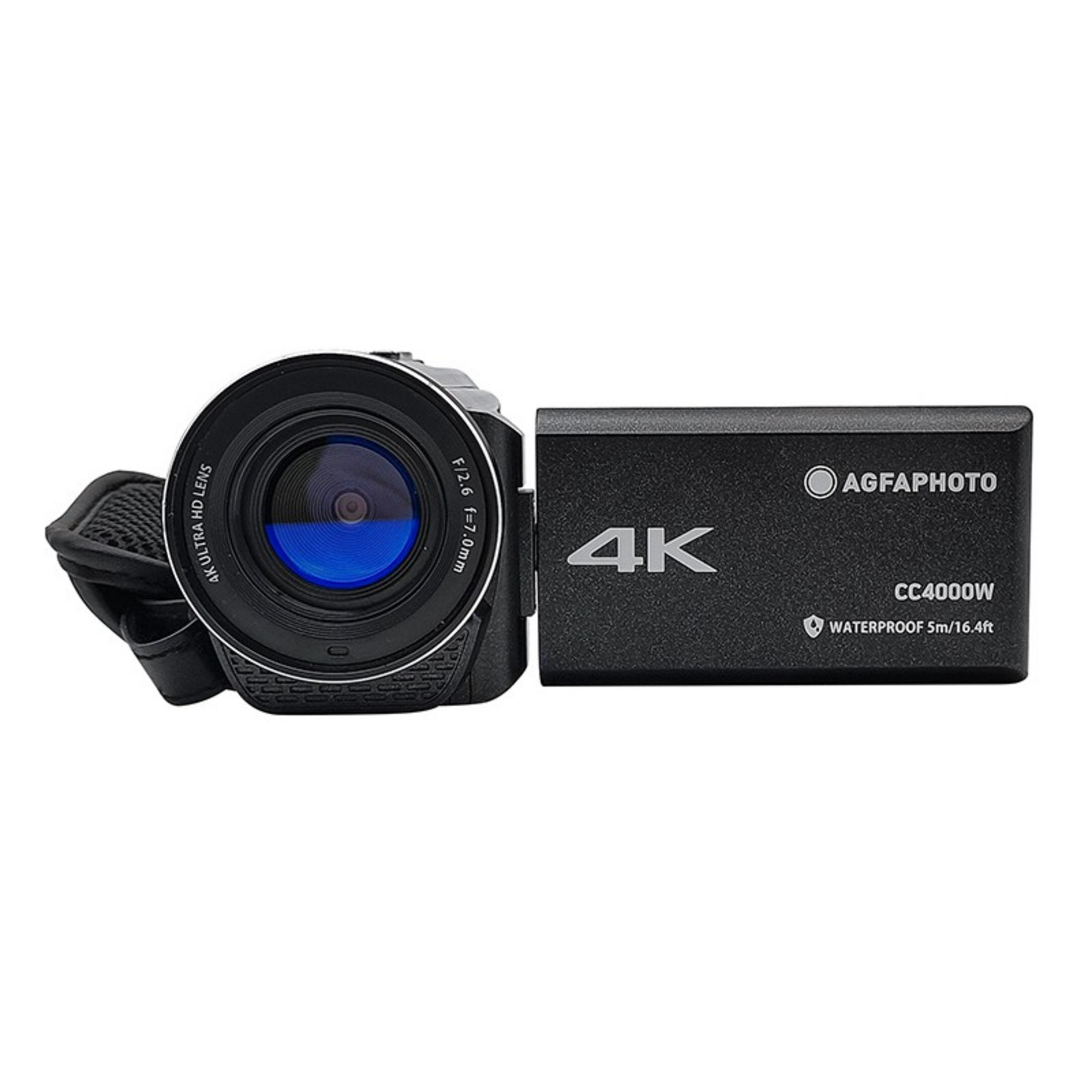 Czarny aparat z obiektywem 4K Ultra HD i wodoodporną obudową.