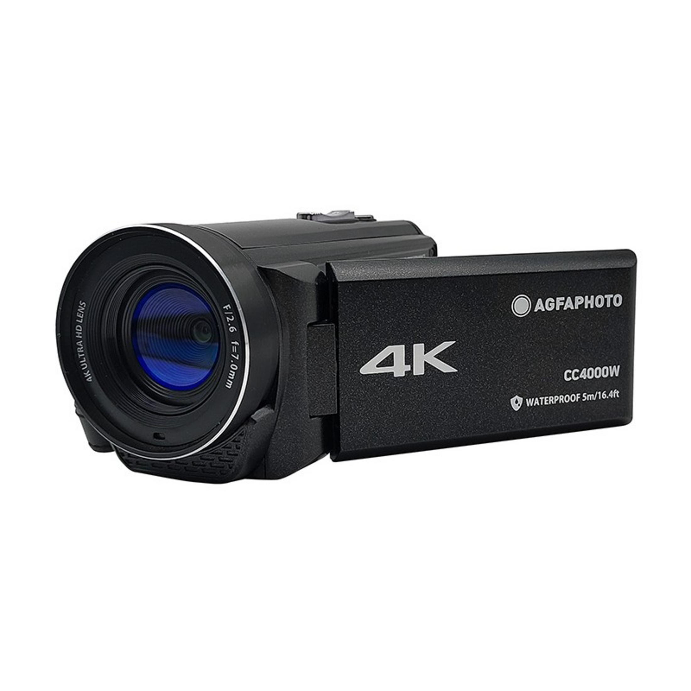 Czarna kamera 4K z odchylanym ekranem i detalami obiektywu.