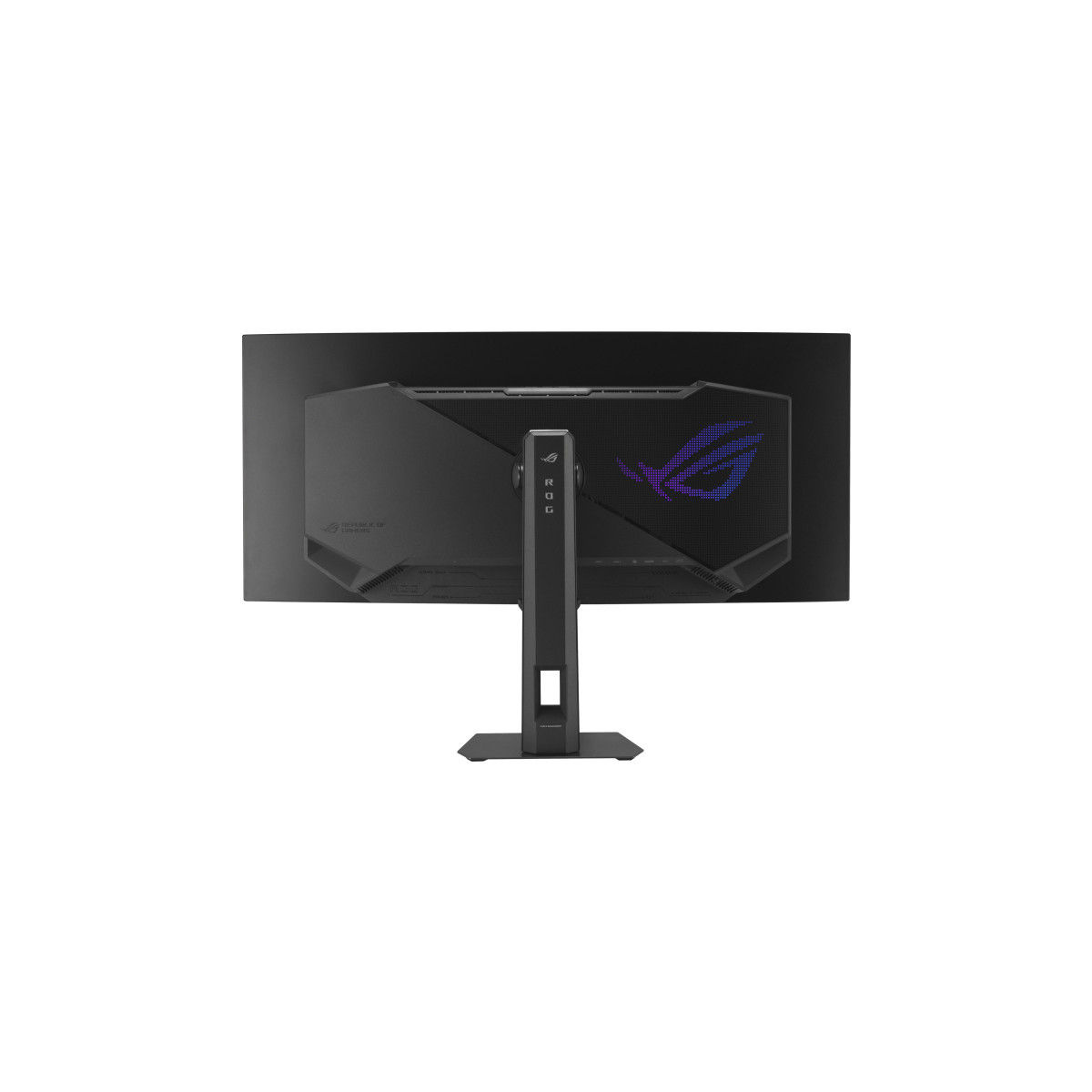 Rückseite eines schwarzen Monitors mit ROG-Logo und Ständer.