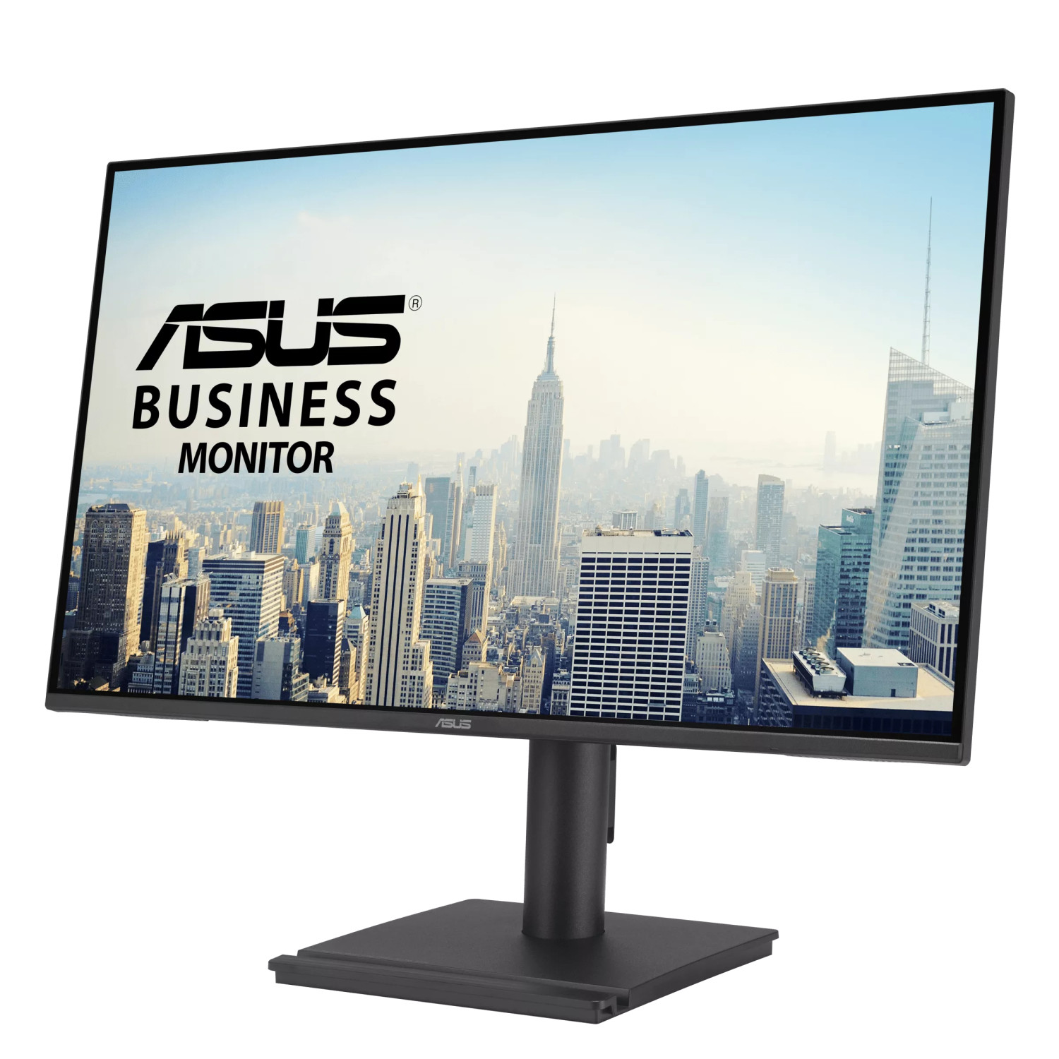 A black ASUS monitor displays a cityscape of skyscrapers.