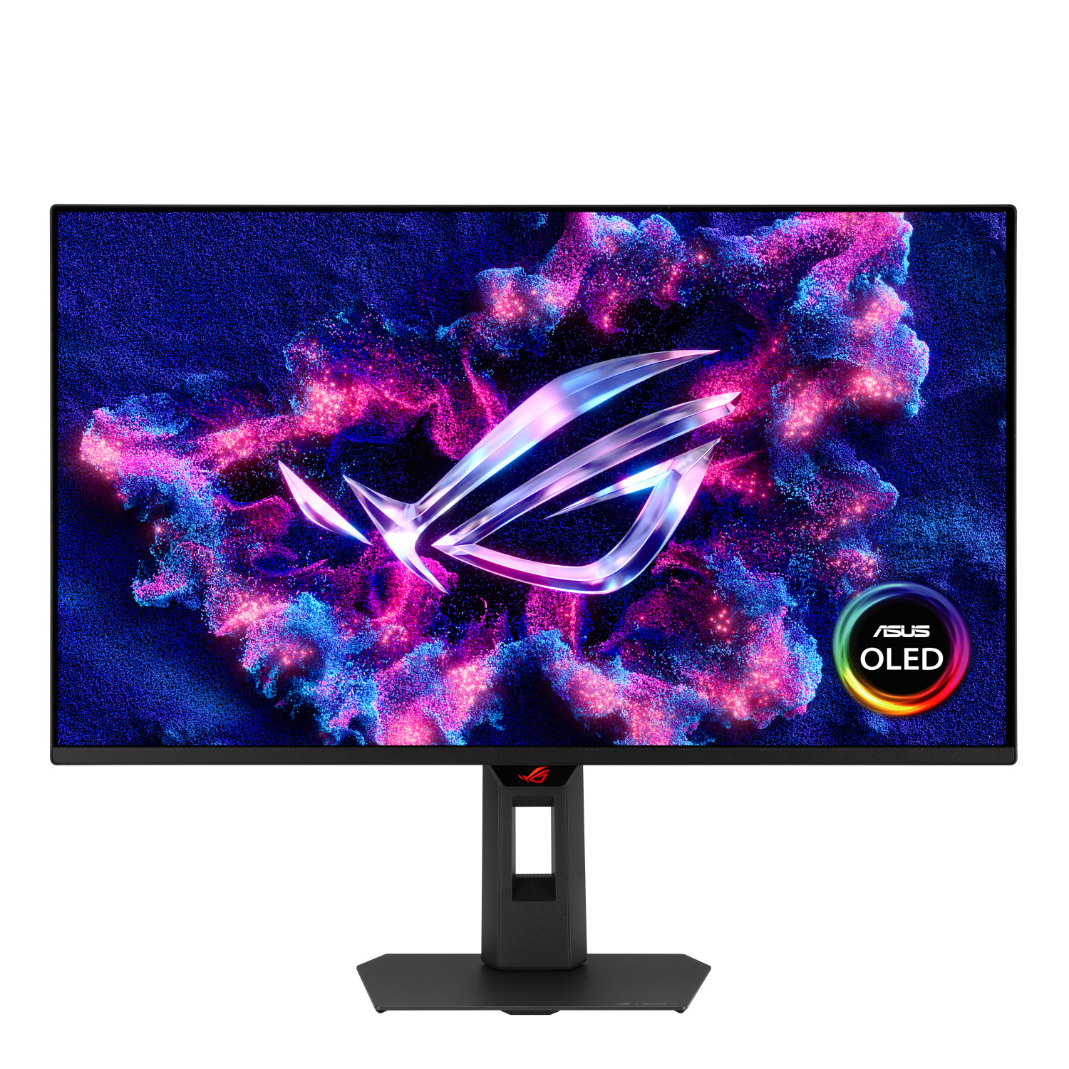 Un monitor da gaming con logo ROG e nuvola di particelle colorate.