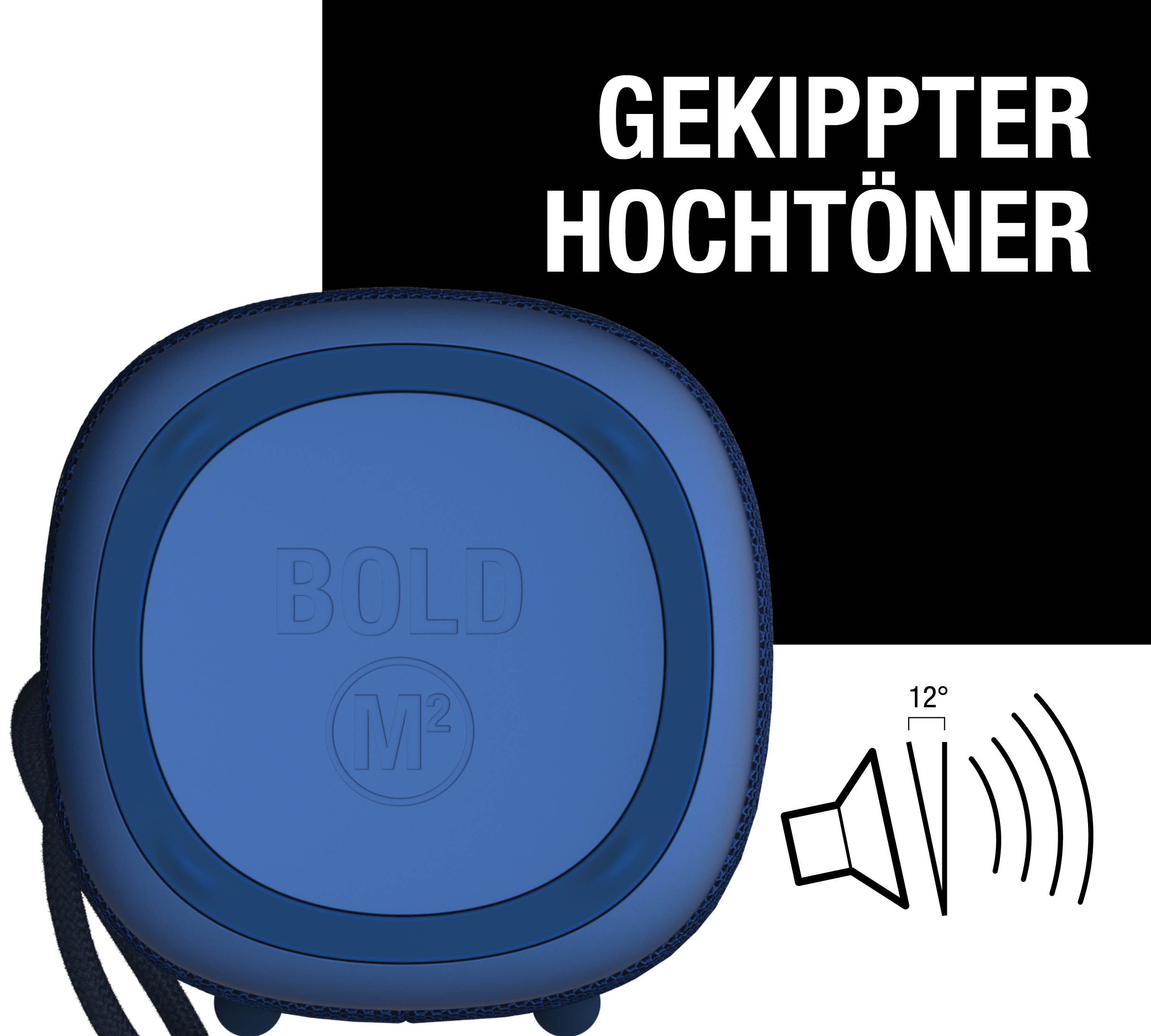 Ein blauer Lautsprecher mit dem Text BOLD M² und einem Winkel von 12°.