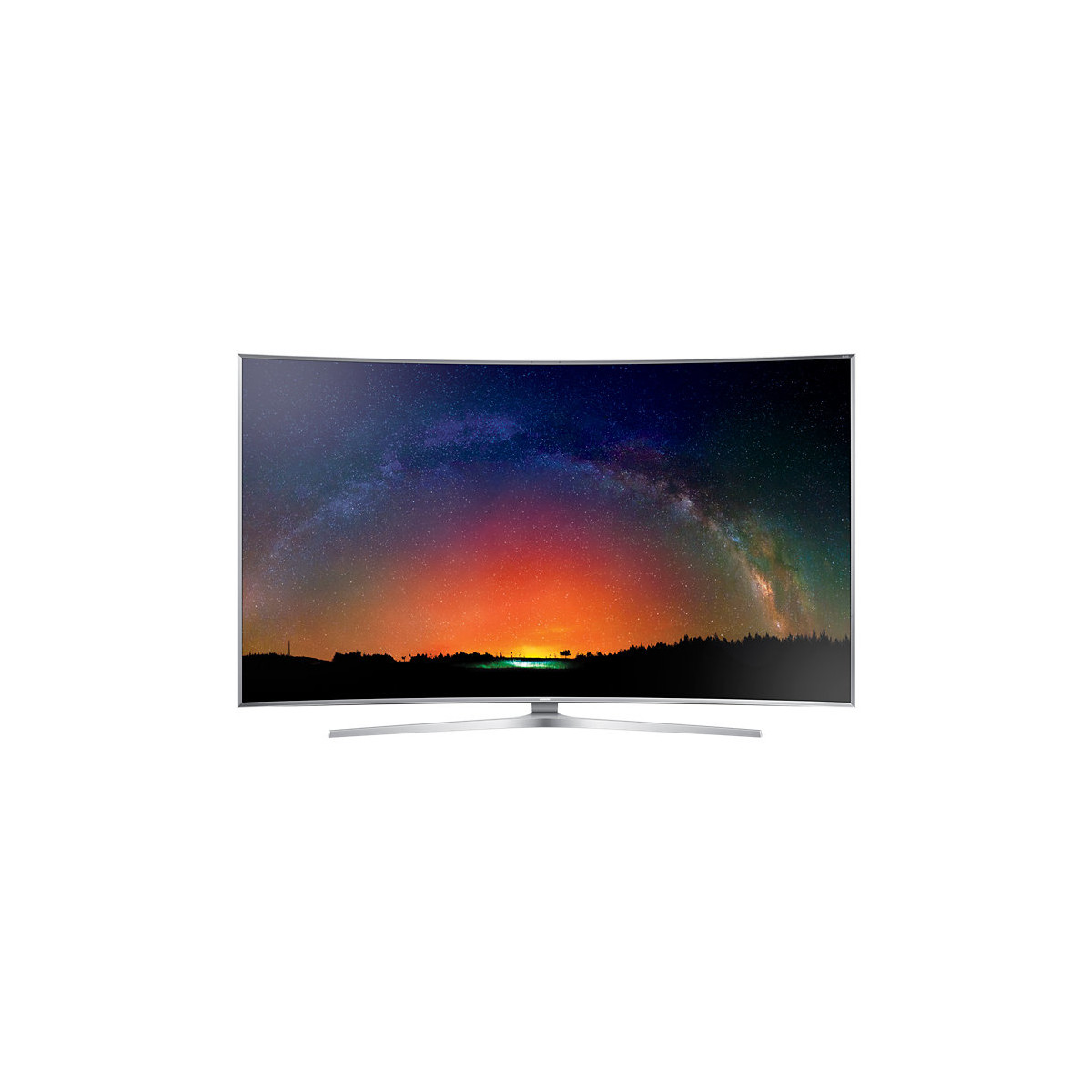 Un TV curvo mostra il cielo stellato notturno con luci colorate all'orizzonte.