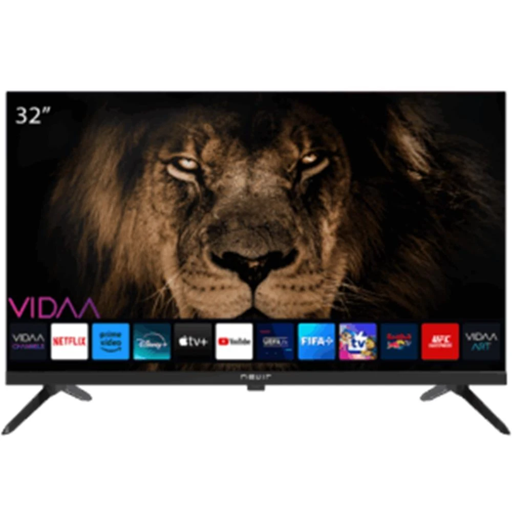 Ein 32-Zoll-Fernseher zeigt das Gesicht eines Löwen. Unten sind App-Symbole sichtbar.