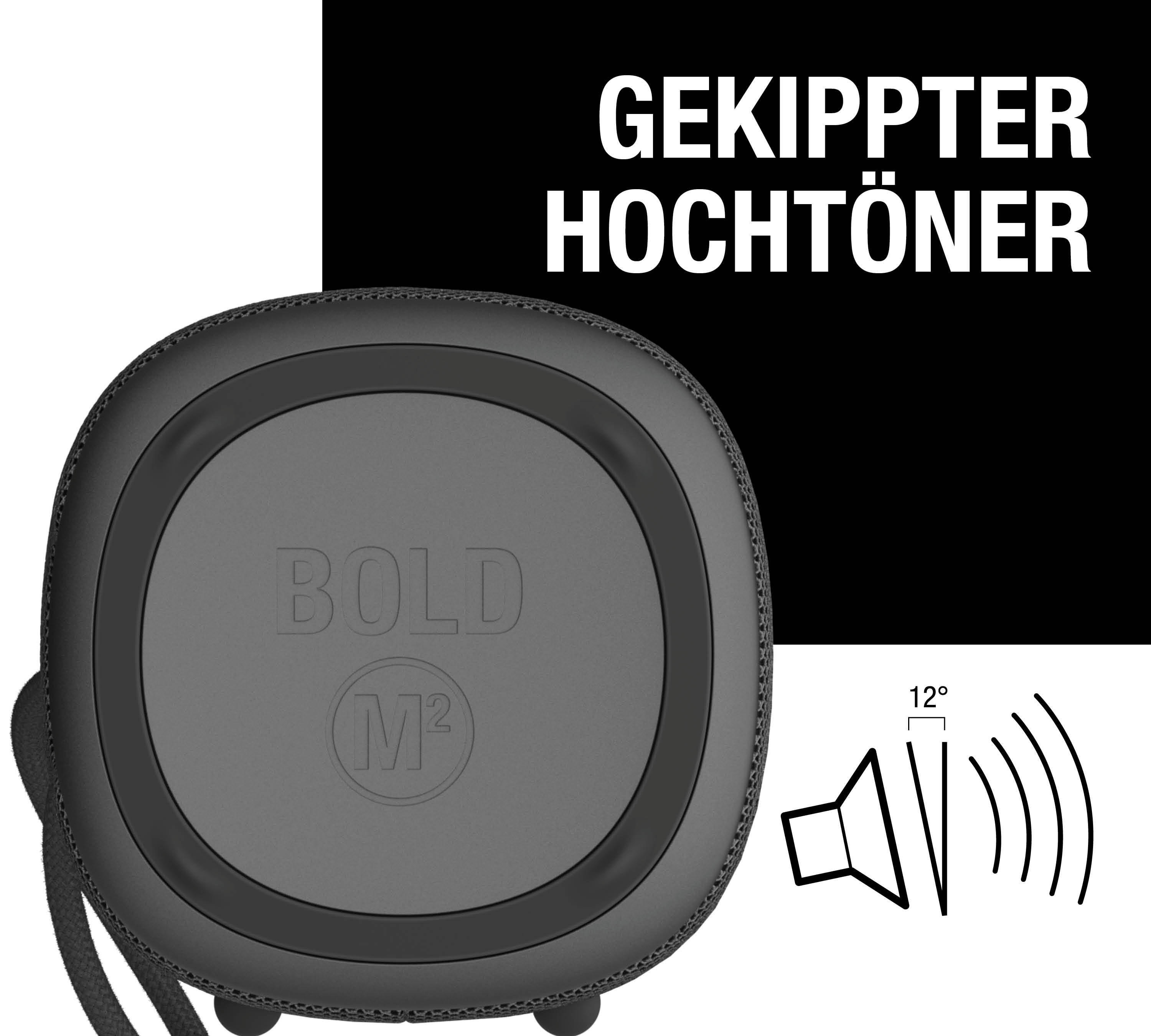 Schwarzer Lautsprecher mit "M2" und "BOLD" Schriftzug. Lautsprechersymbol mit 12 Grad.
