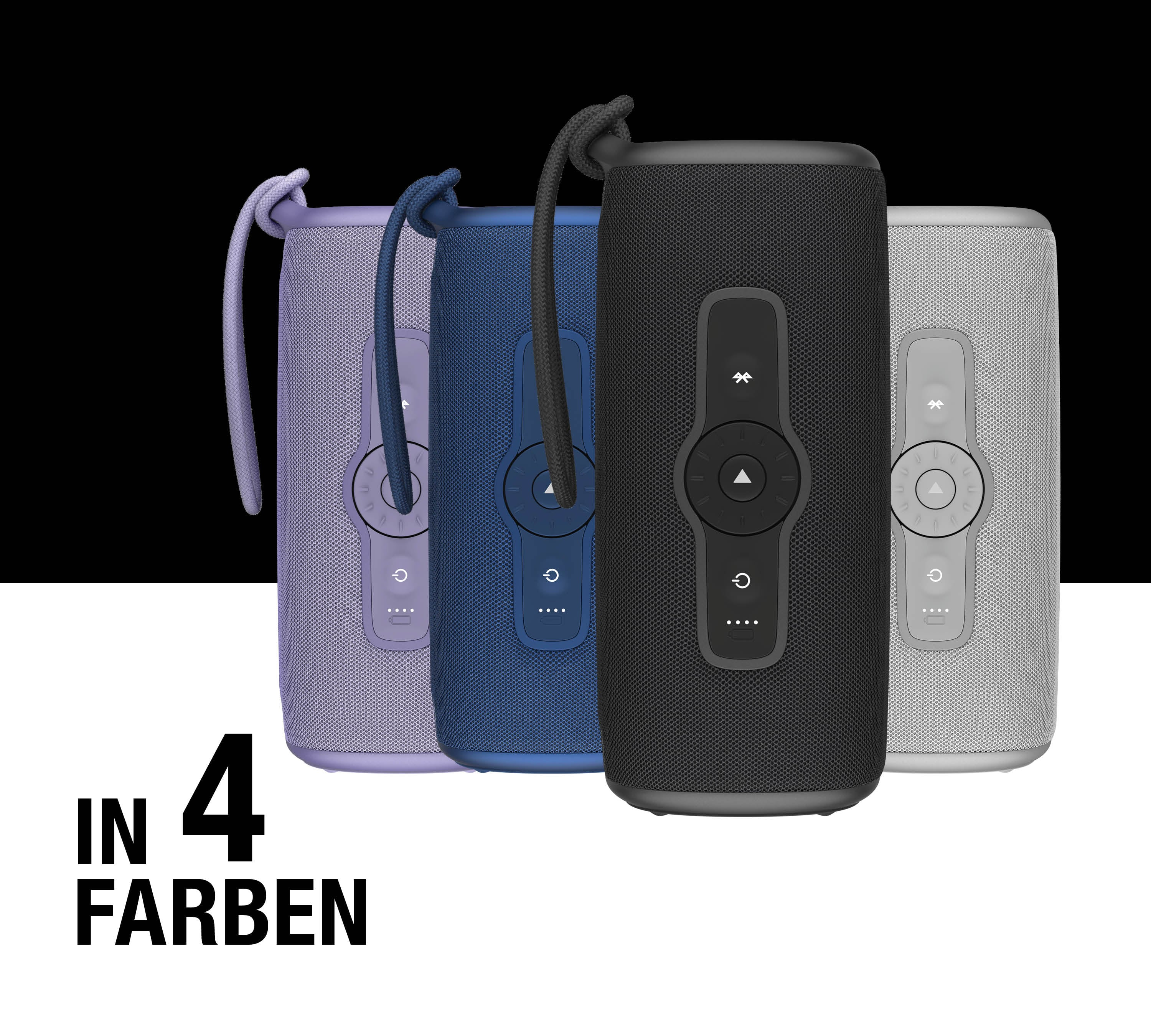 Vier tragbare Lautsprecher in Lila, Blau, Schwarz und Grau mit Kordel.
