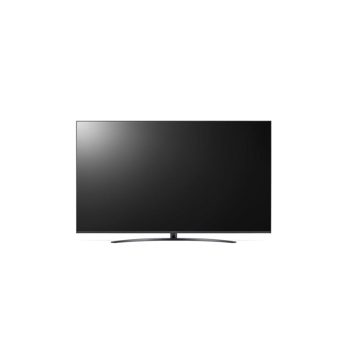 Una moderna TV nera con un piedistallo elegante su sfondo bianco.