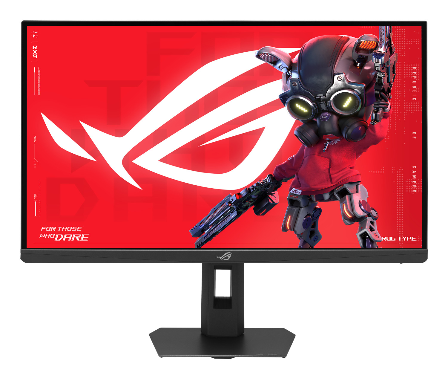 Un robot avec masque à gaz tient des armes sur fond rouge avec logo ROG.