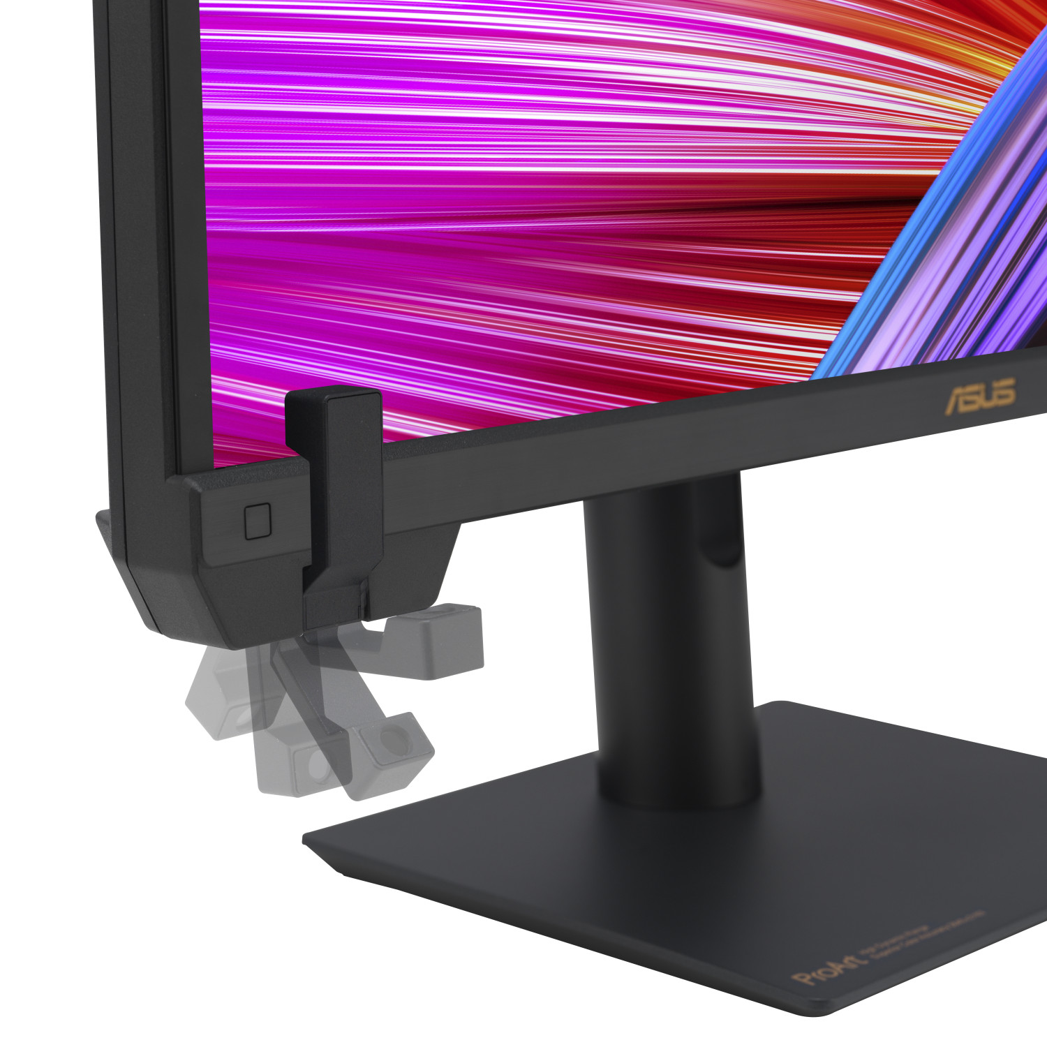 A black monitor with pink and purple striped background on screen.