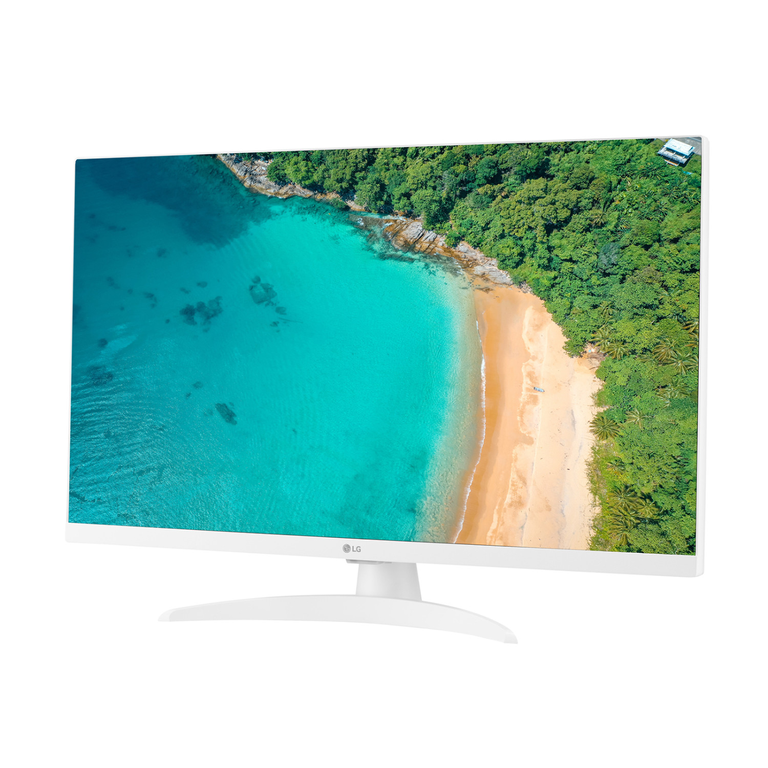 Un moniteur LG blanc affiche une baie tropicale aux eaux turquoise.