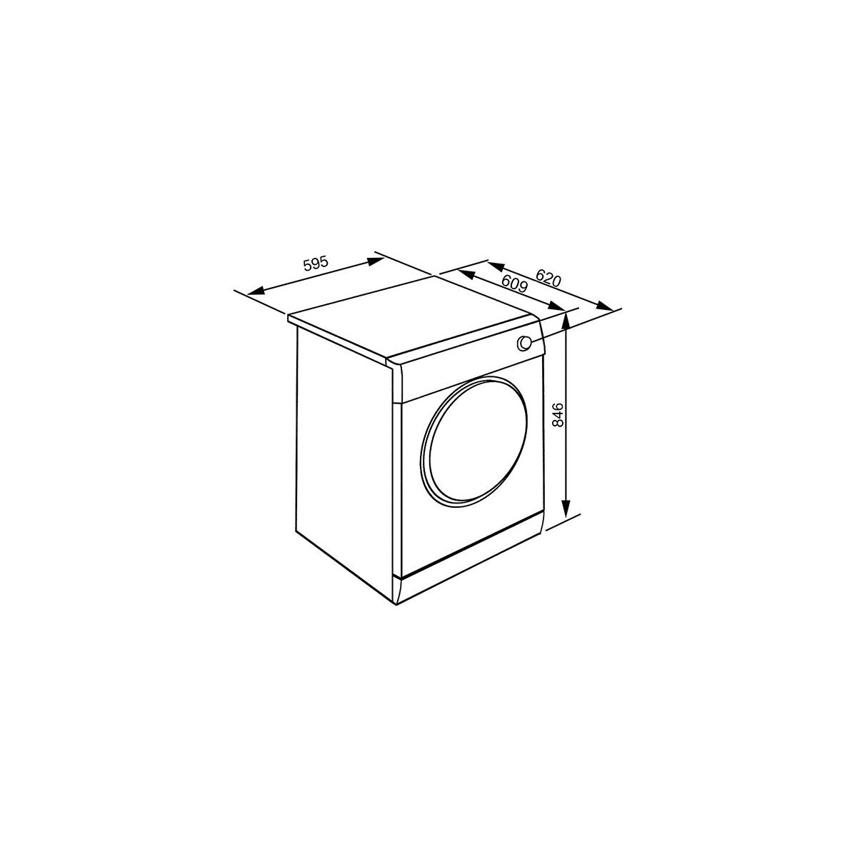 Disegno tecnico di una lavatrice con dimensioni.