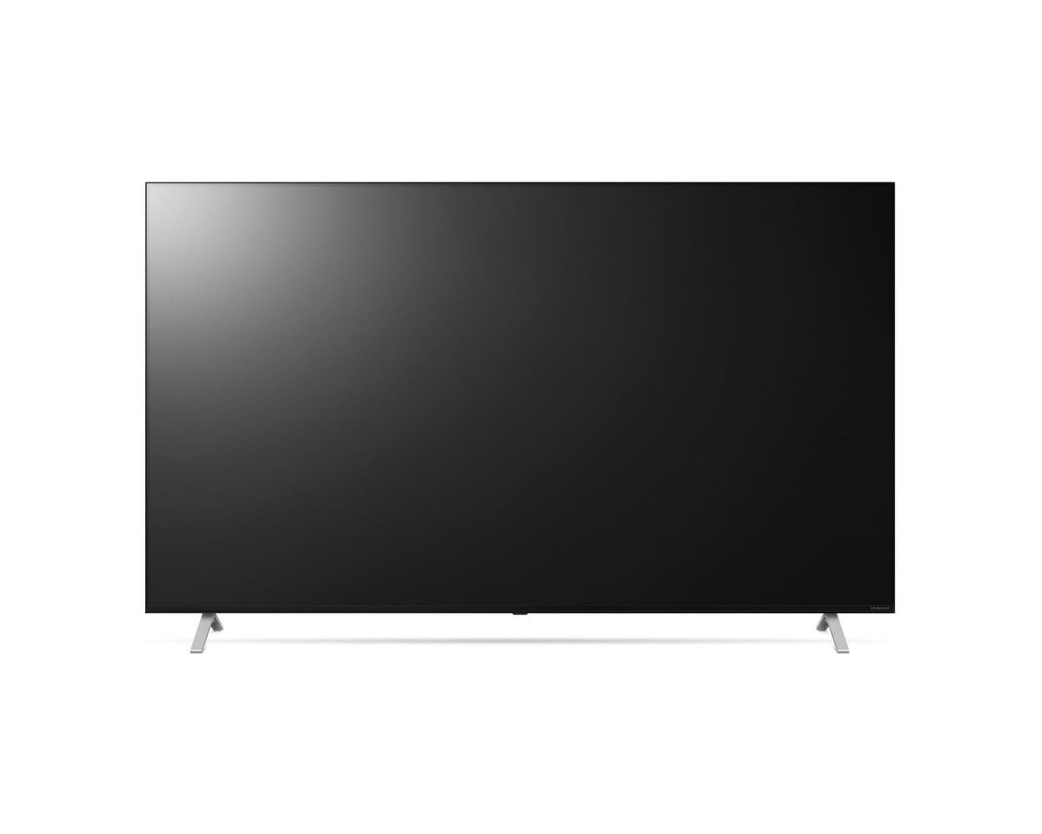 Un televisor grande y oscuro con soportes plateados se muestra sobre fondo blanco.