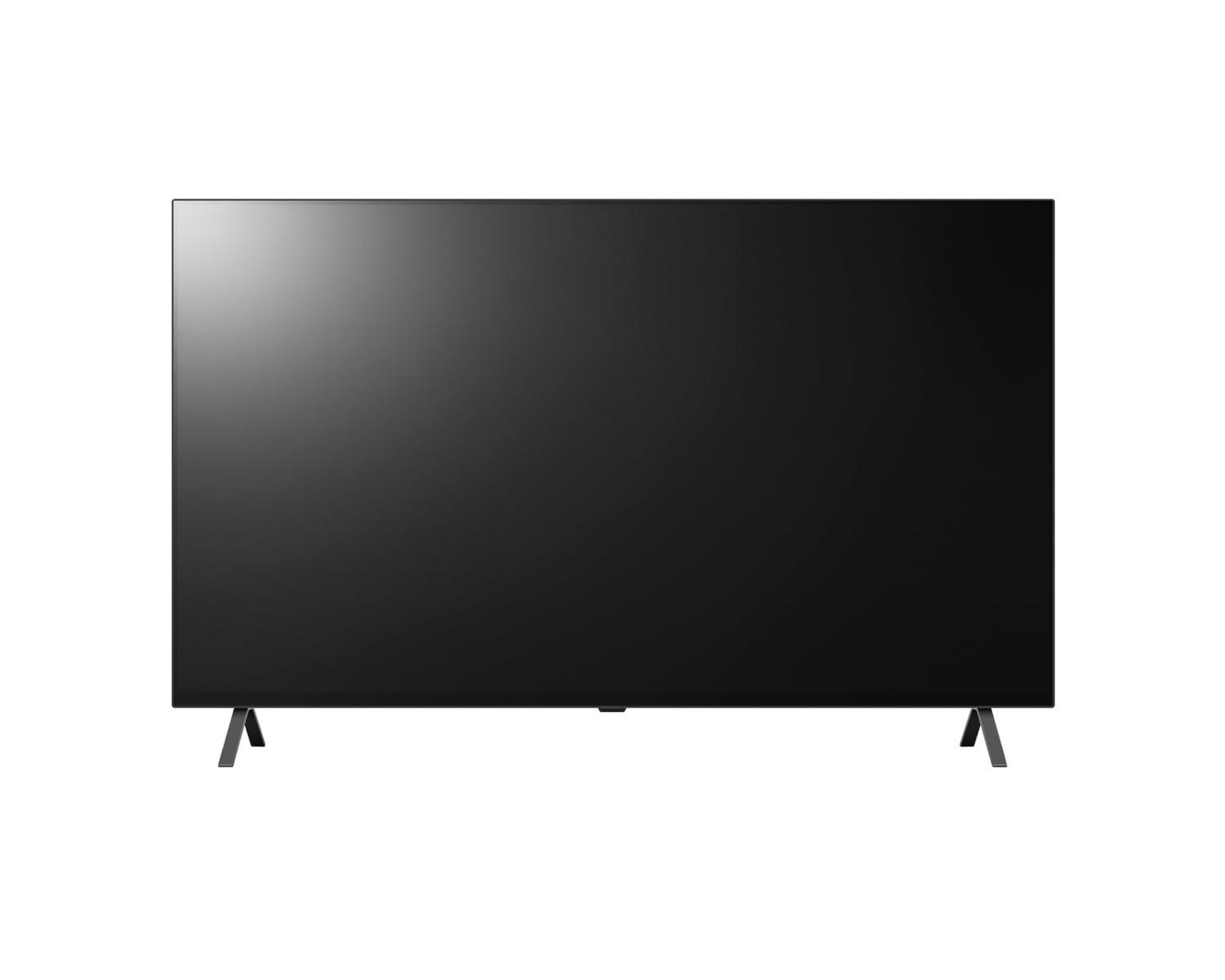 Un televisor moderno de pantalla plana, negro, sobre dos pies metálicos estrechos.