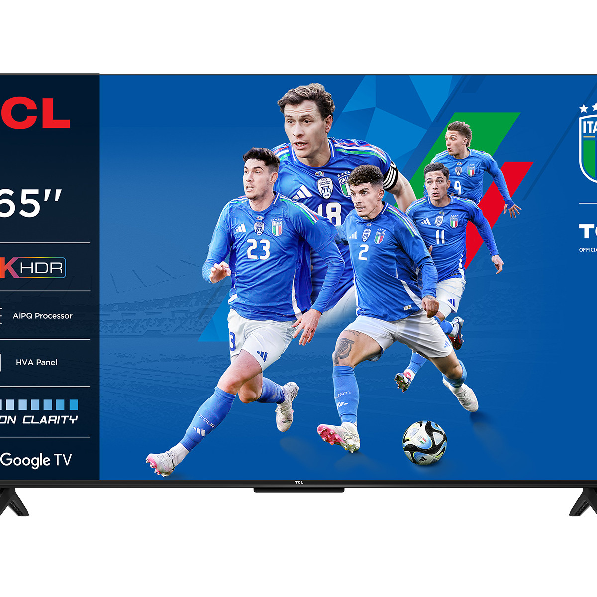 TV TCL montre des joueurs de football italiens en uniforme bleu avec ballon.