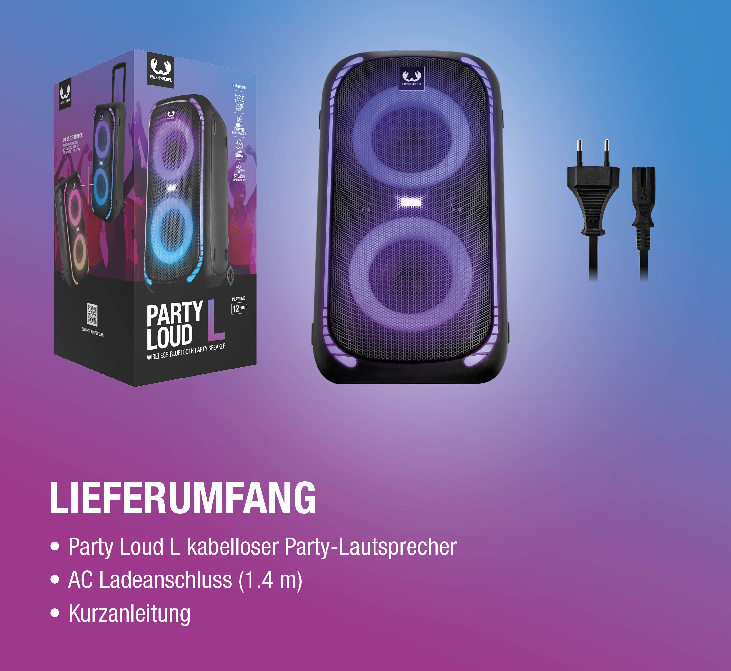 Ein schwarzer Bluetooth-Lautsprecher mit lila Lichtern und ein Netzstecker.