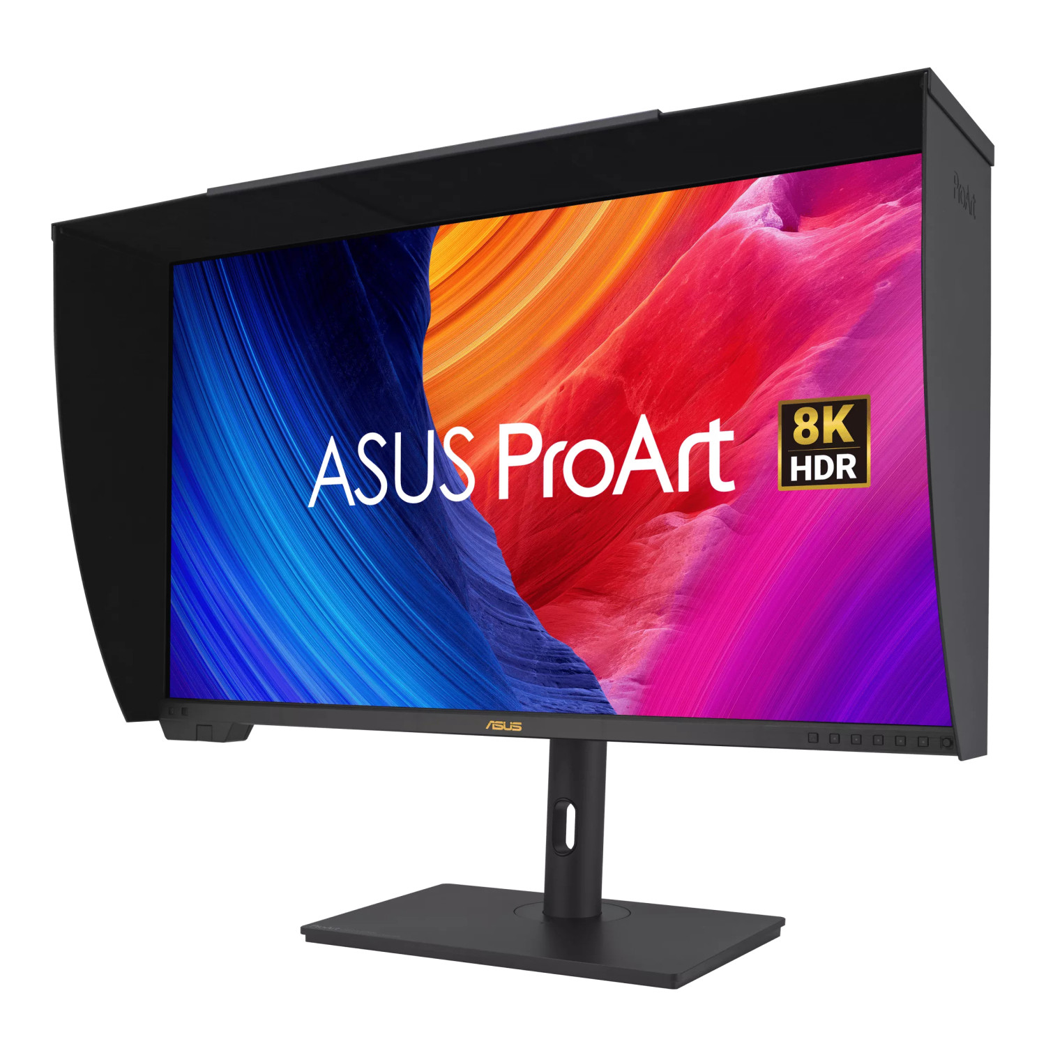 Moniteur ASUS ProArt 8K HDR avec fond d'écran abstrait coloré et pare-soleil.