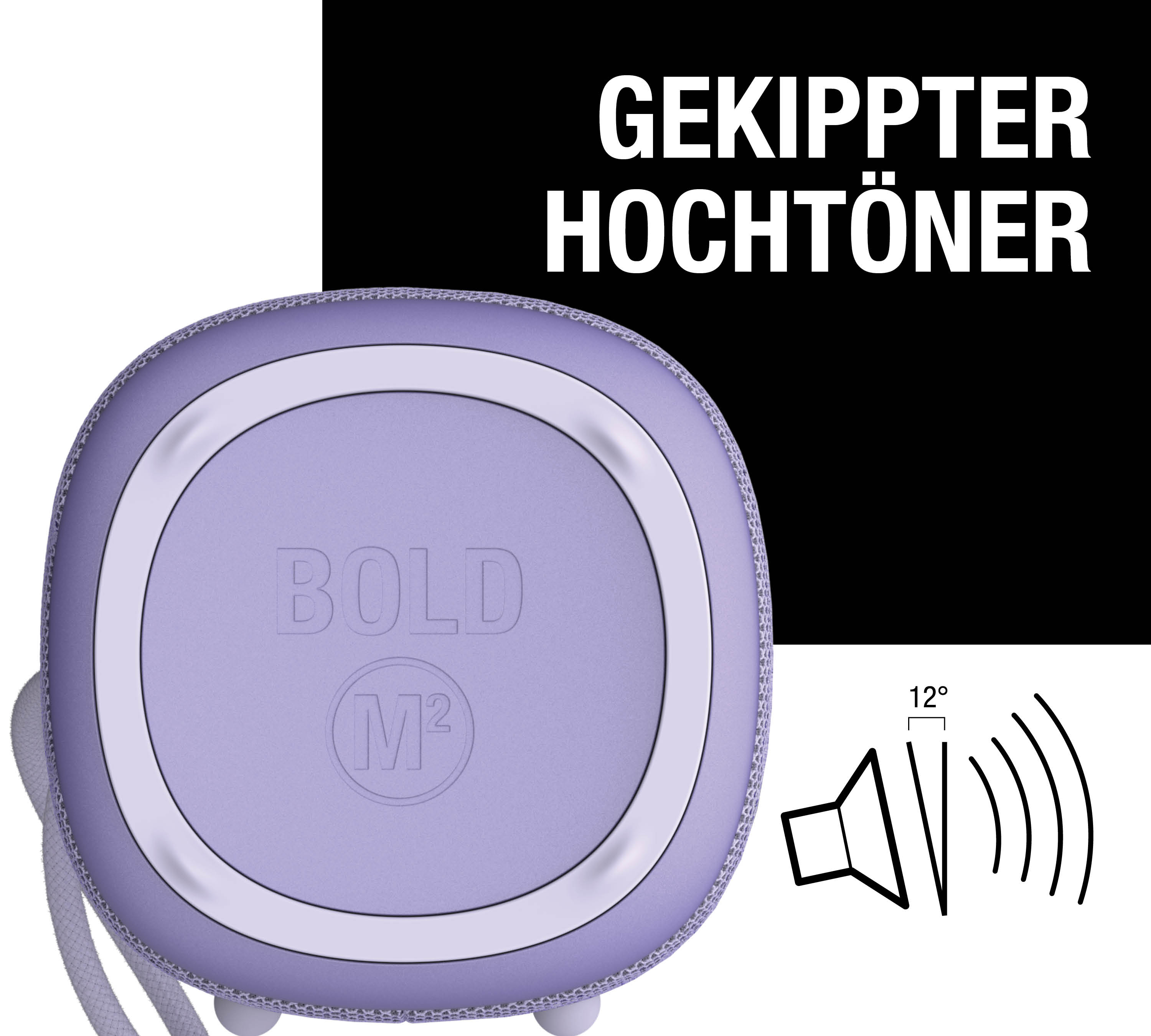 Lila Lautsprecher mit "BOLD M2" und 12° Winkel Symbol