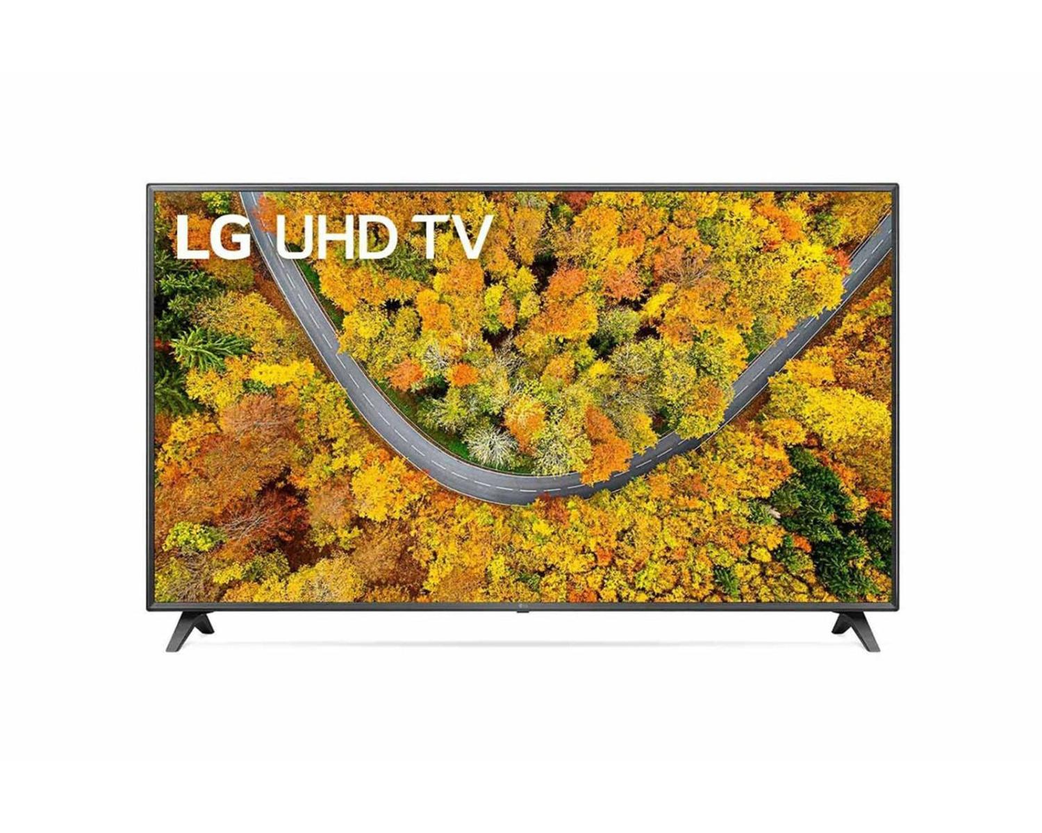 Un televisor LG UHD muestra una vista aérea de árboles otoñales coloridos con una carretera.