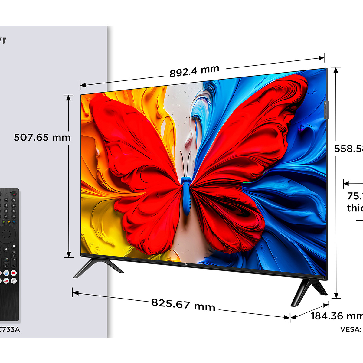Una TV mostra una farfalla colorata. Vengono mostrate le dimensioni. Un telecomando è a sinistra.