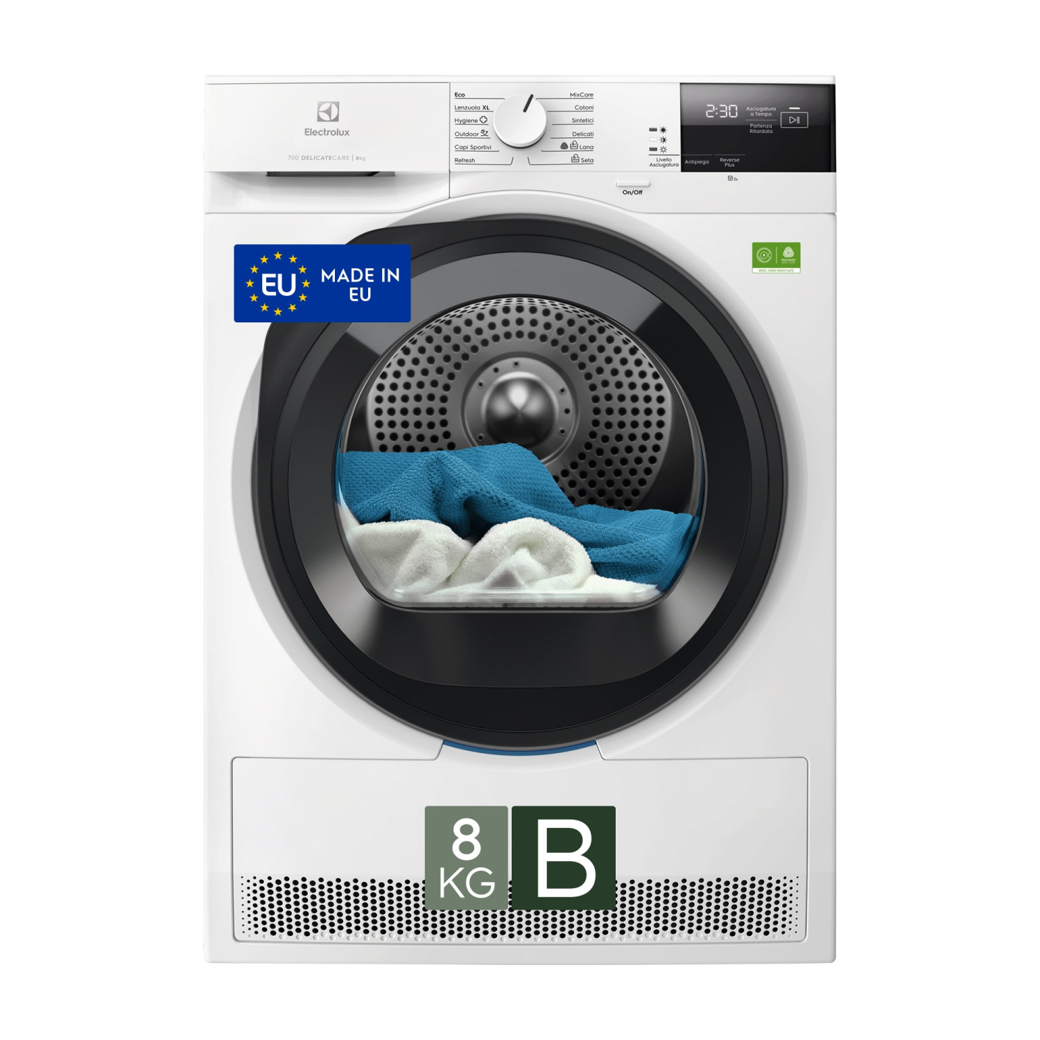 Secadora blanca con ropa azul y blanca dentro, bandera de la UE y calificación energética B.
