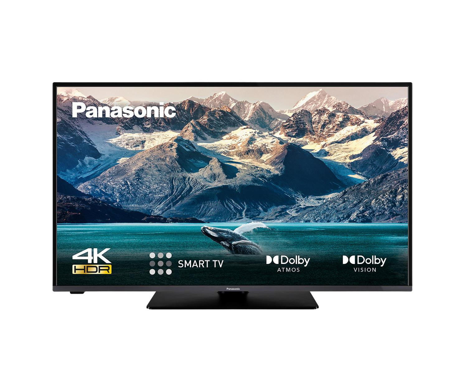 Smart TV Panasonic 4K HDR con Dolby Vision e Atmos, mostra un paesaggio montano.