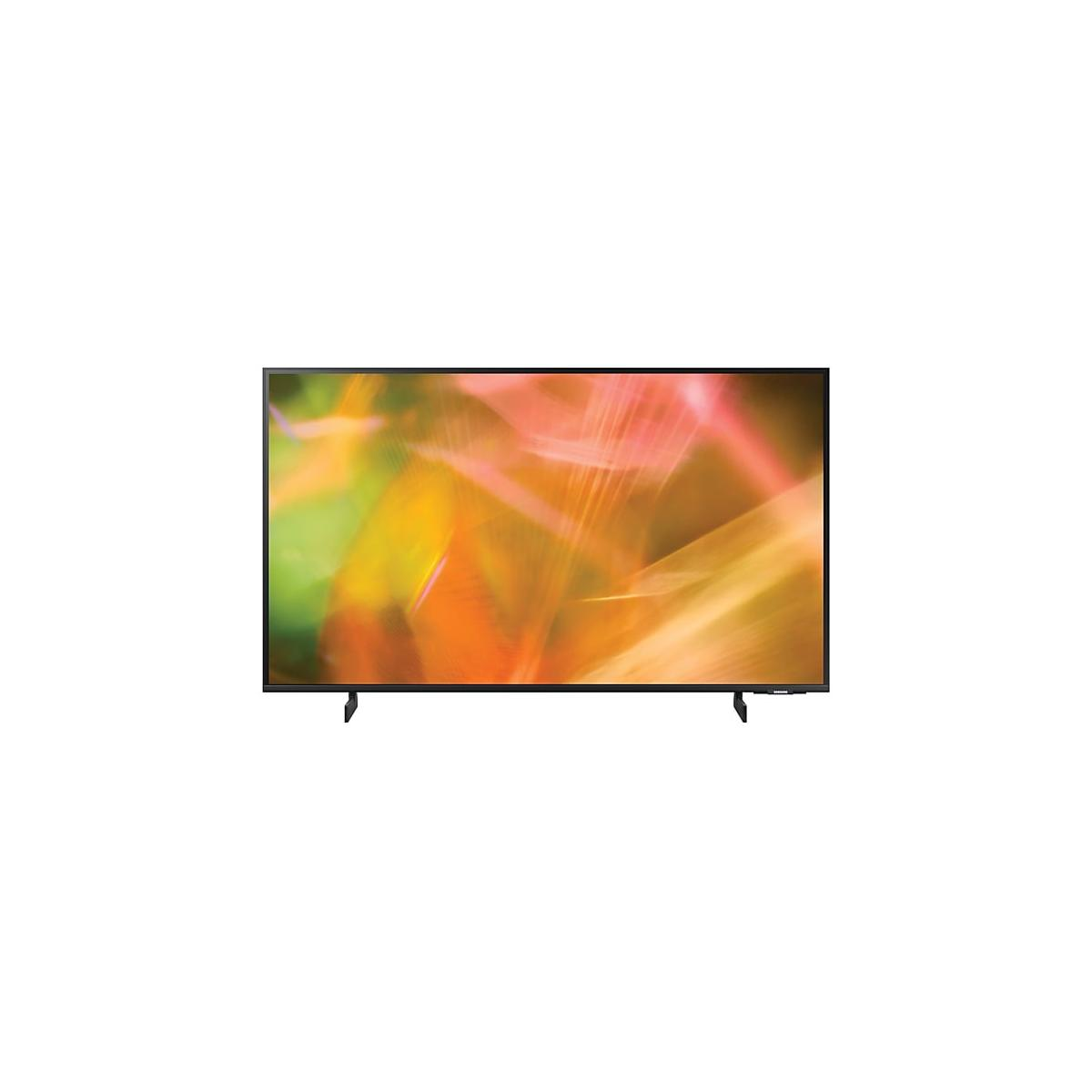 Un televisore moderno che mostra uno sfondo astratto e colorato.