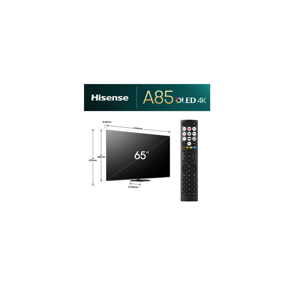 Una TV Hisense A85 OLED 4K da 65 pollici con telecomando e dimensioni.