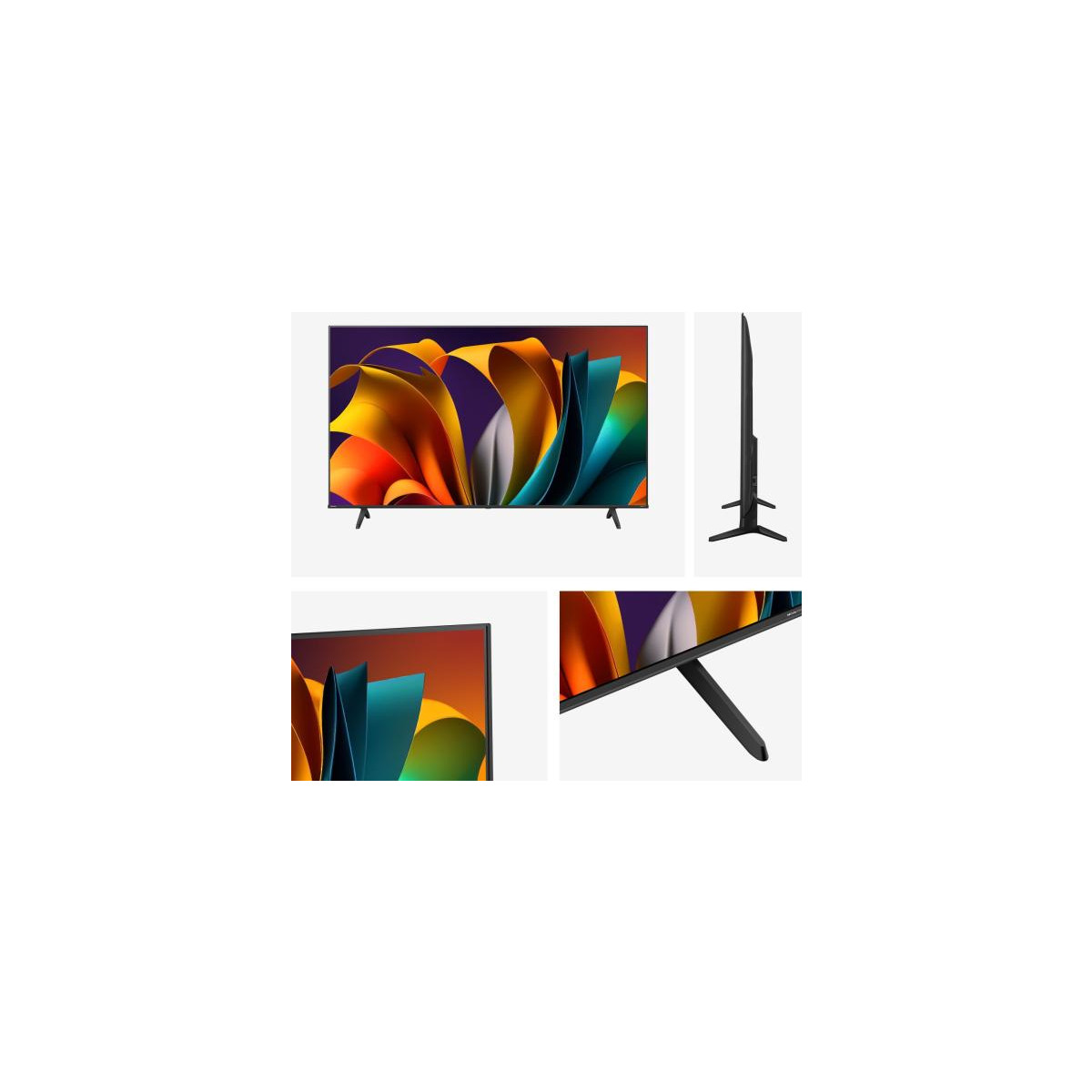 Una TV moderna con immagine astratta e vibrante, mostrata con il suo supporto.
