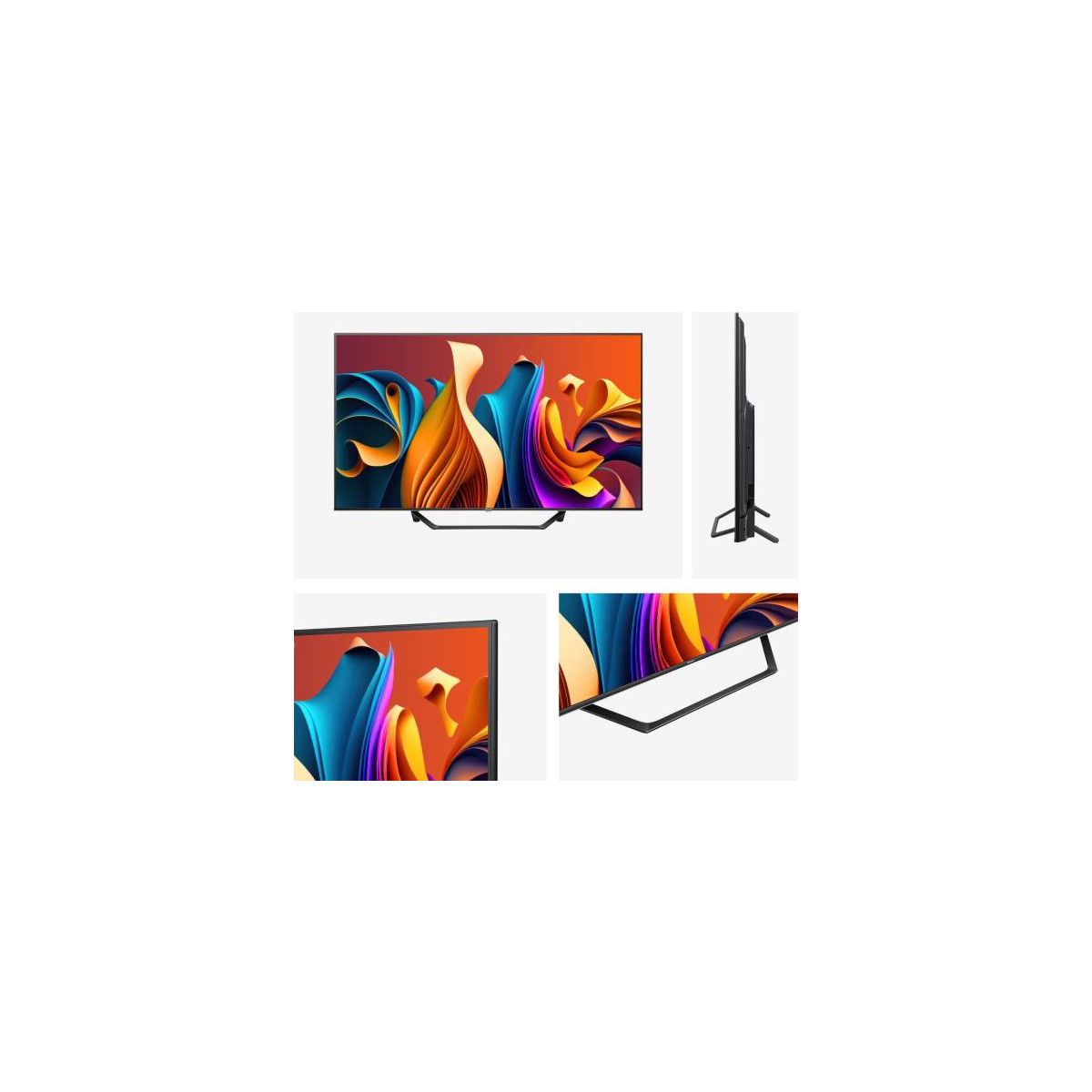 Una TV moderna con immagine astratta colorata e supporto elegante.