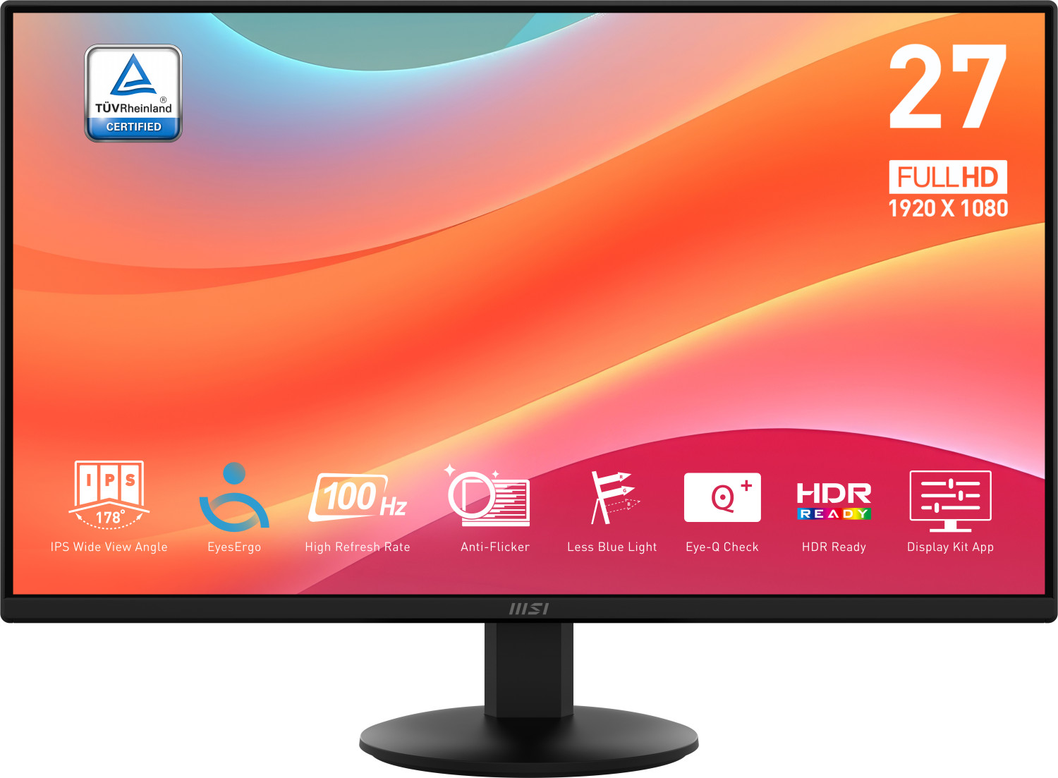 27 Zoll Full HD Monitor mit IPS-Panel, 100Hz, HDR Ready und TÜV Rheinland Zertifizierung.