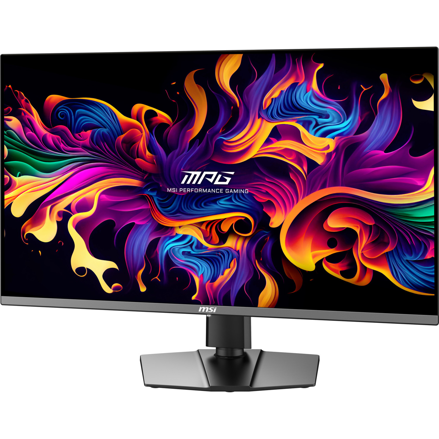 MSI monitor with vibrant, abstract, colorful flames on screen and black stand.