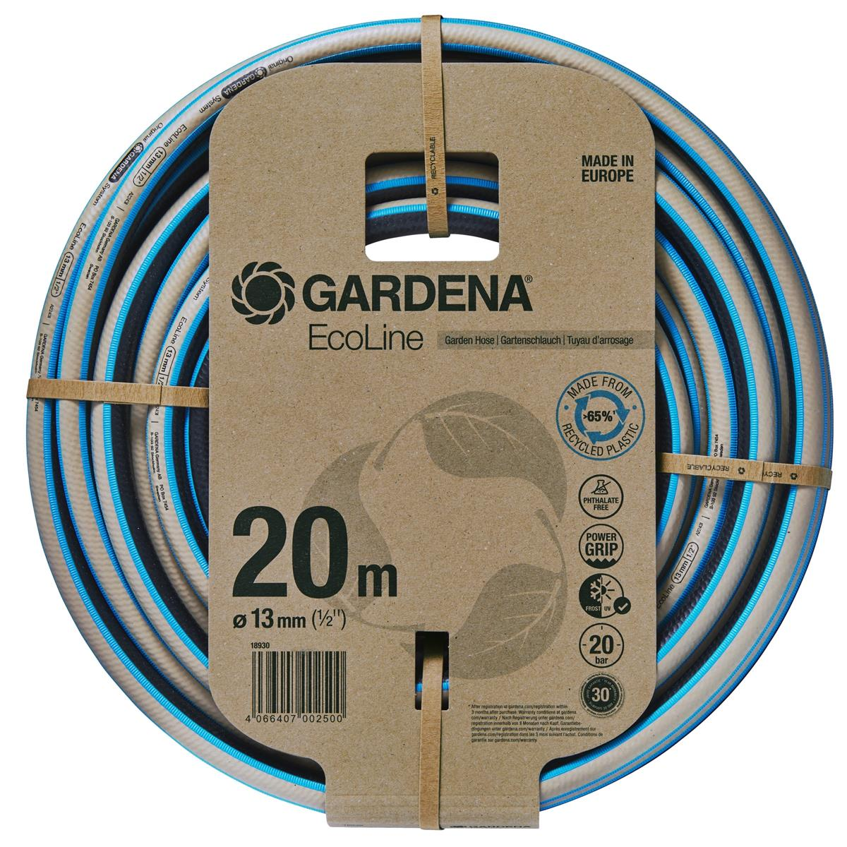 Tubo da giardino GARDENA EcoLine, 20m, 13mm, realizzato con 65% plastica riciclata.