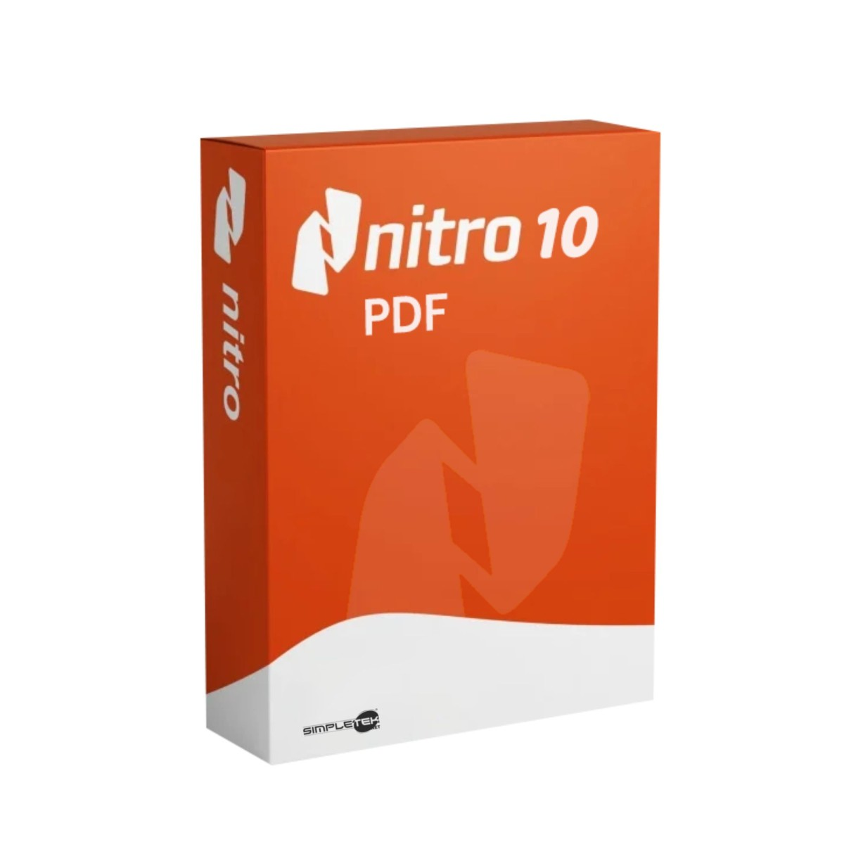 Scatola arancione con logo Nitro PDF 10 e testo bianco su sfondo bianco.