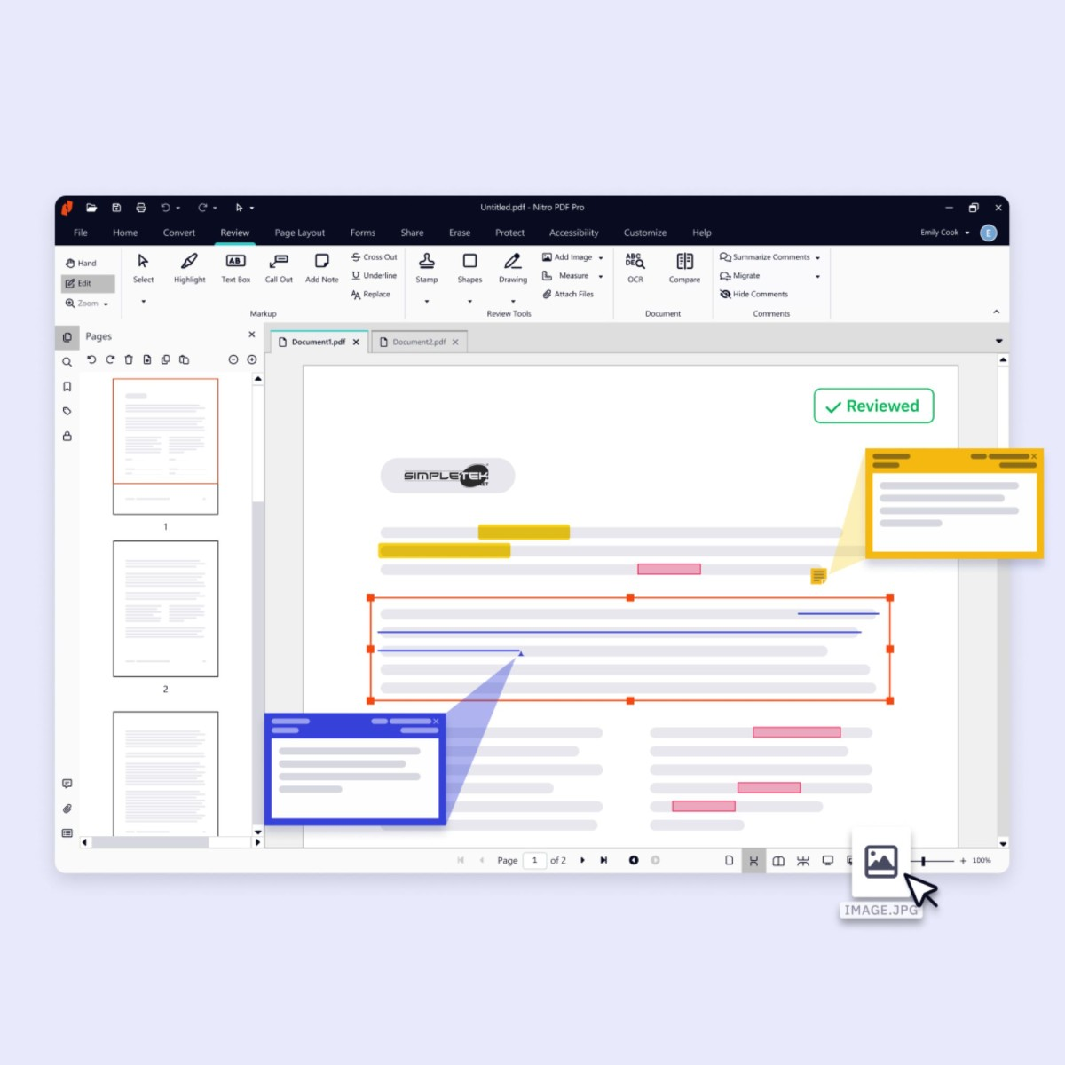 Editor PDF con testo evidenziato e commenti. Un documento è contrassegnato come "Revisionato".