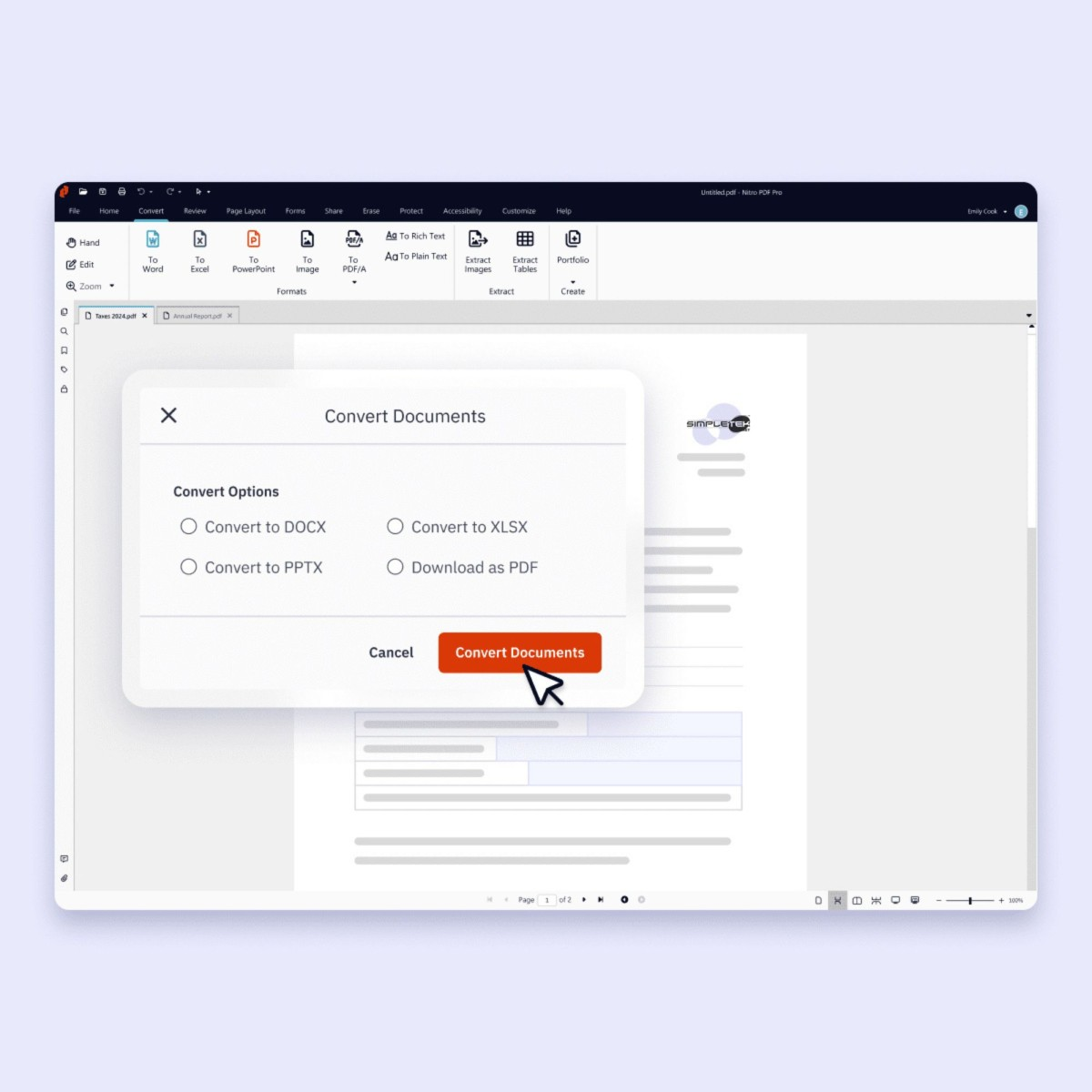 Finestra di dialogo per la conversione di documenti con opzioni DOCX, XLSX, PPTX o PDF.