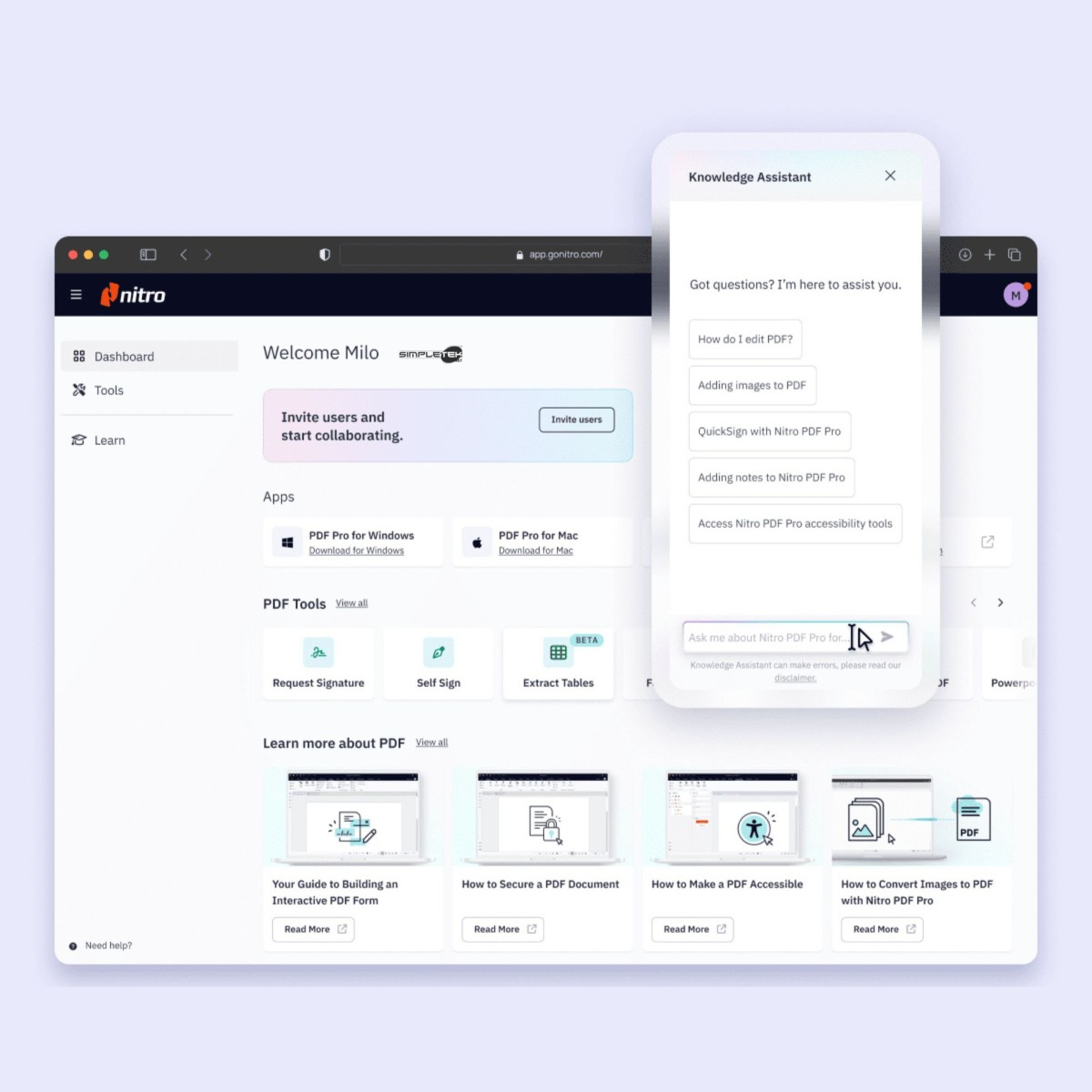 Schermo di un laptop che mostra il software Nitro con una finestra di chat 'Assistente conoscenze'.