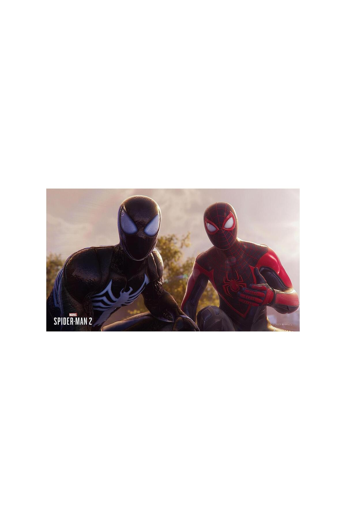 Due figure di Spiderman in costume, uno nero, uno rosso/nero, seduti all'aperto.